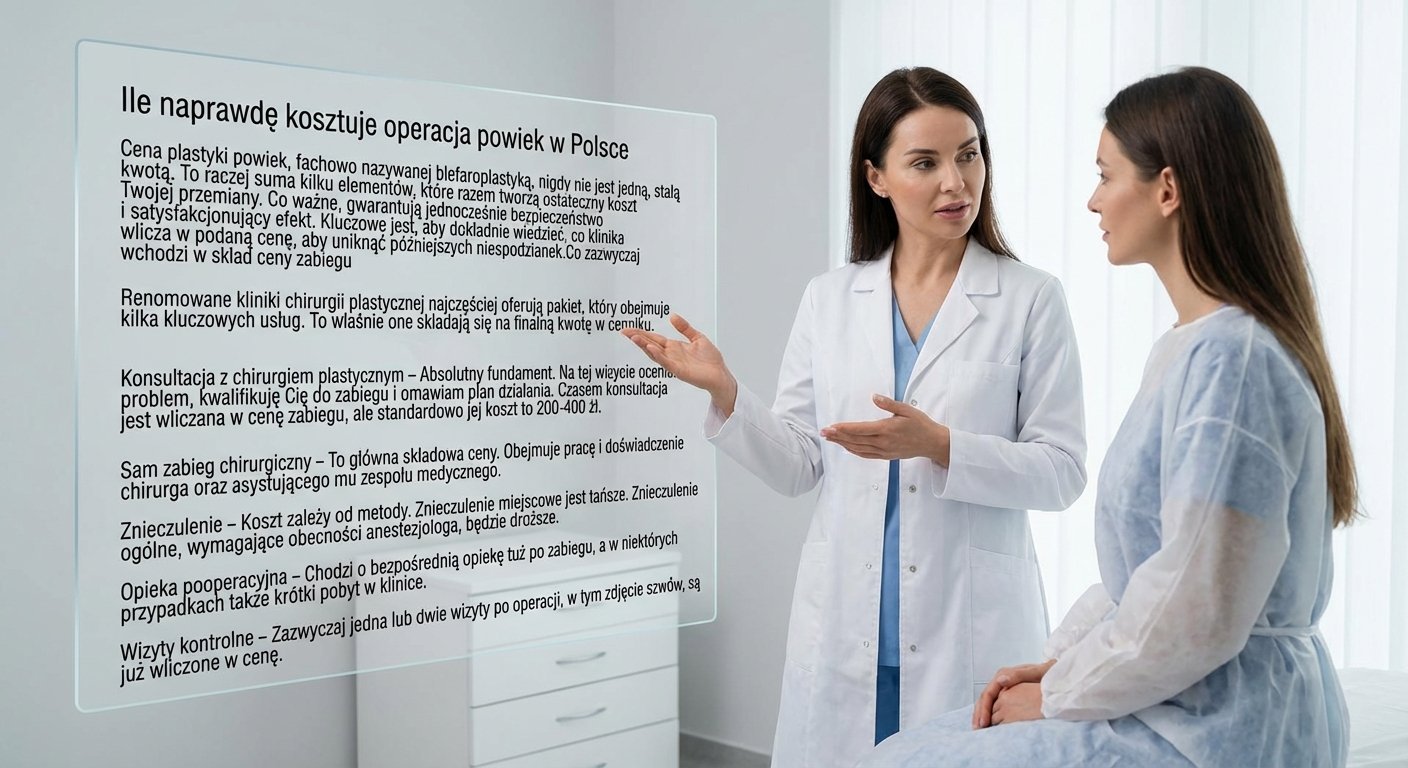 Lekarka tłumaczy pacjentce na przezroczystym ekranie, ile kosztuje operacja powiek w Polsce.