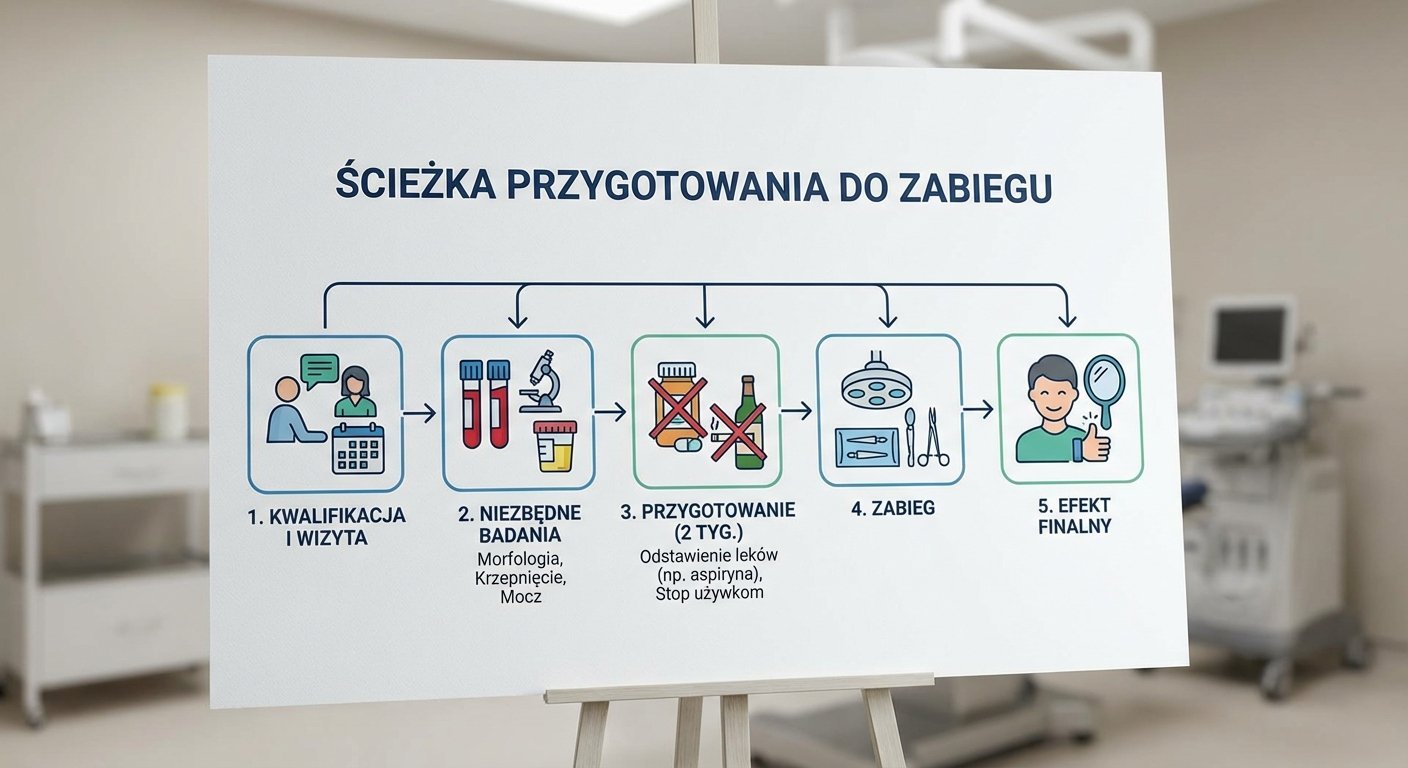 Schemat przedstawiający pięcioetapową ścieżkę przygotowania pacjenta do zabiegu, od kwalifikacji po efekt końcowy.