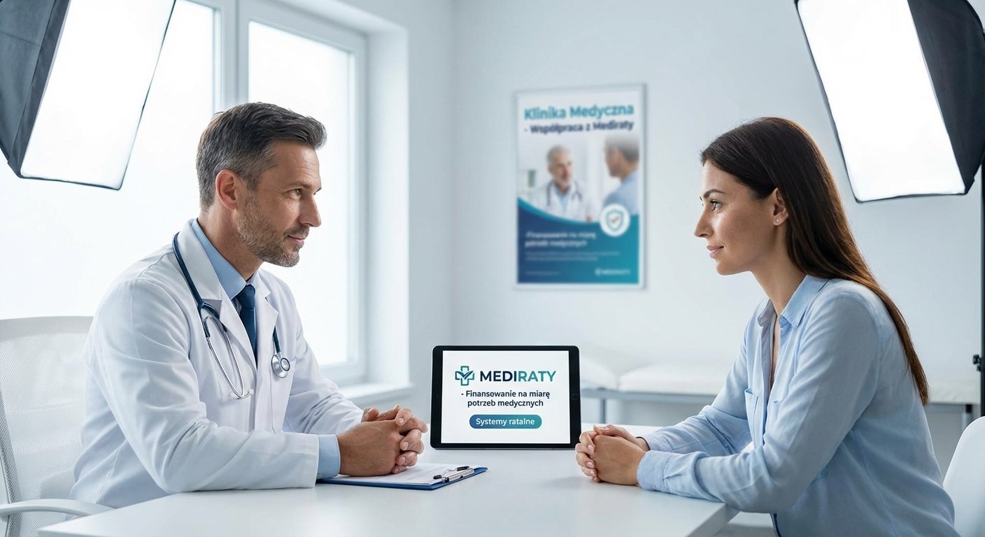 Lekarz i pacjentka rozmawiają w gabinecie medycznym, na stole leży tablet z ofertą Mediraty.
