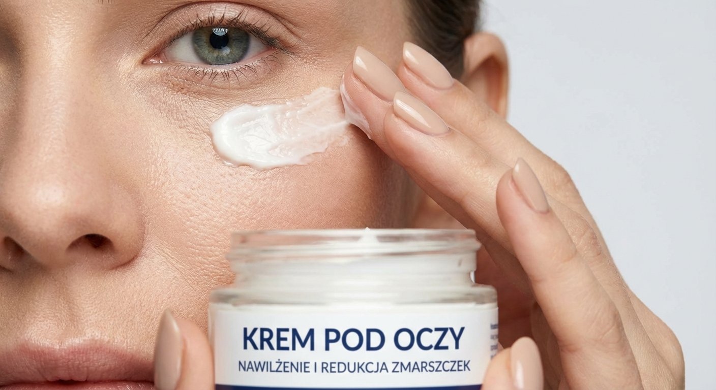 Kobieta aplikuje krem pod oczy, produkt zapewnia nawilżenie i redukcję zmarszczek.