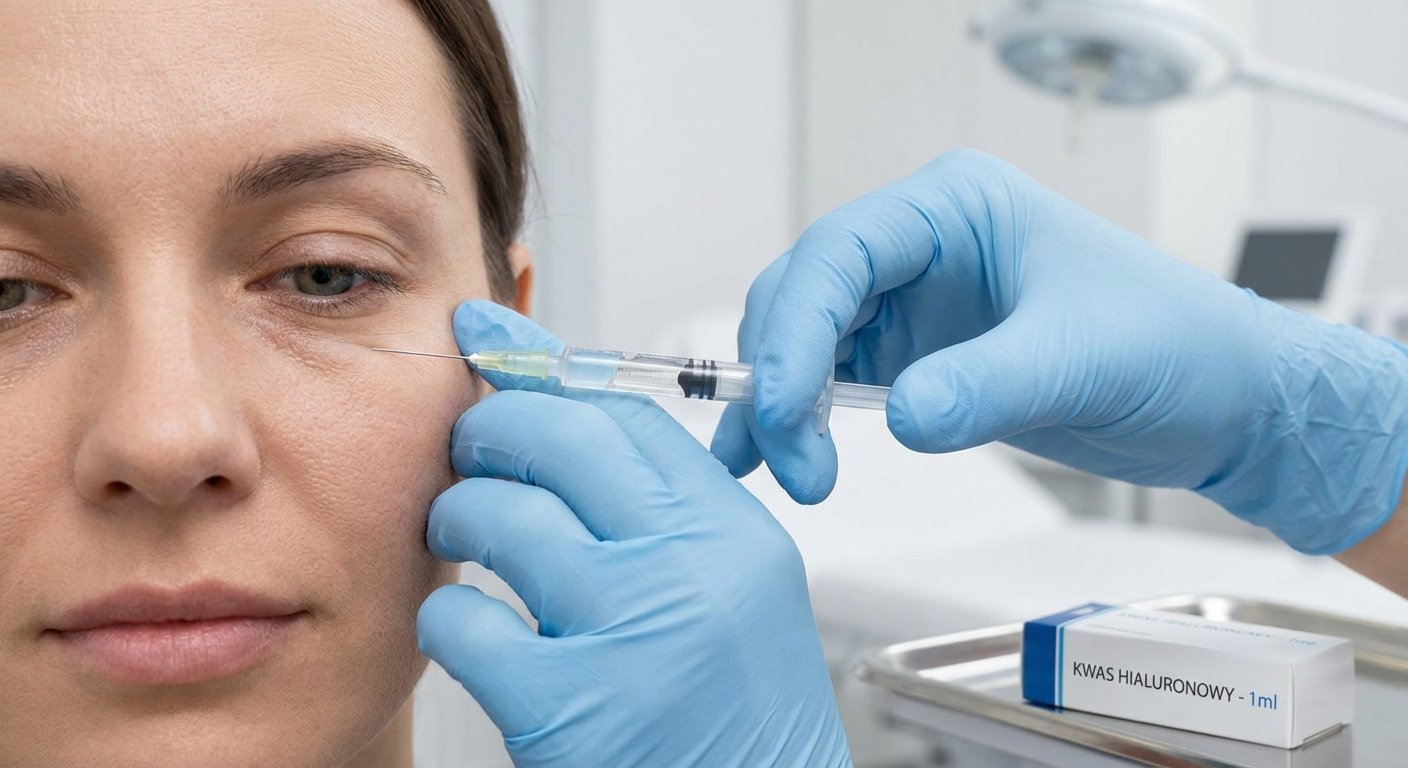 Kobieta otrzymuje zastrzyk kwasu hialuronowego pod oko, by zredukować zmarszczki w gabinecie medycyny estetycznej.