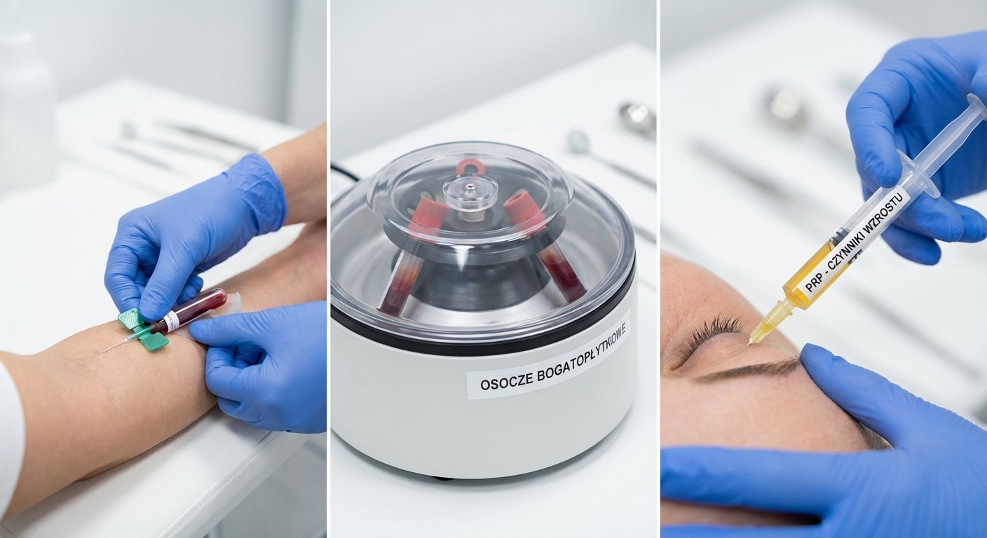 Trzyetapowy proces zabiegu osocza bogatopłytkowego: pobranie krwi, wirowanie, wstrzyknięcie pod oczy.