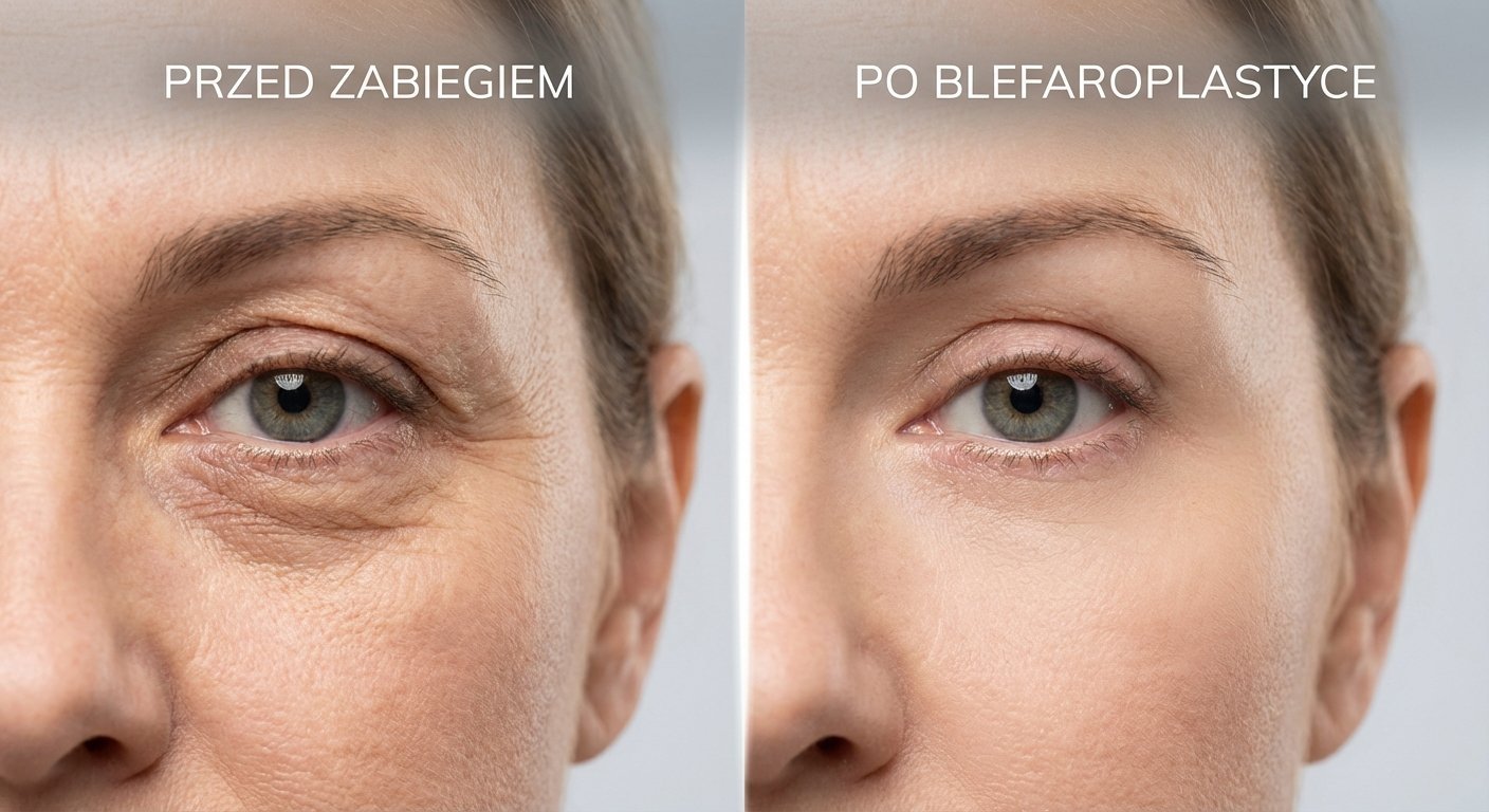 Przed i po blefaroplastyce: kobieta z widocznymi zmarszczkami pod oczami oraz po zabiegu, ze znacznie wygładzoną skórą.