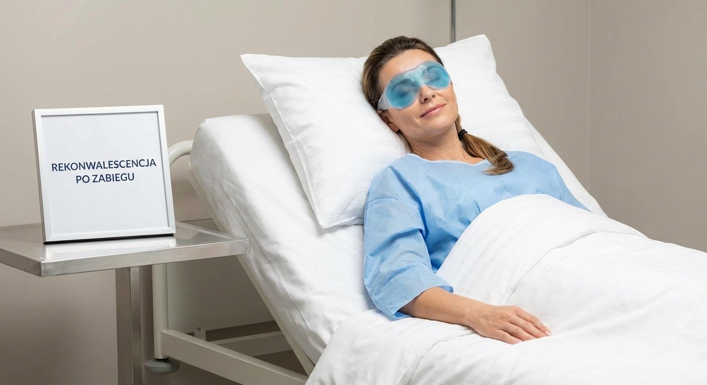 Kobieta zrelaksowana leży w łóżku szpitalnym, w błękitnej opasce na oczy. Obok widoczny jest znak informujący o rekonwalescencji po zabiegu.