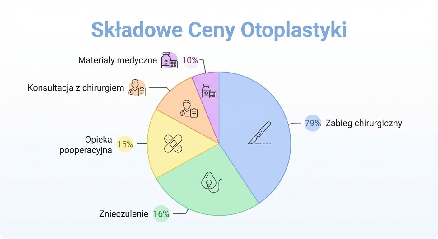Wykres kołowy przedstawiający składowe ceny otoplastyki: zabieg chirurgiczny, znieczulenie, materiały medyczne, konsultację i opiekę pooperacyjną.