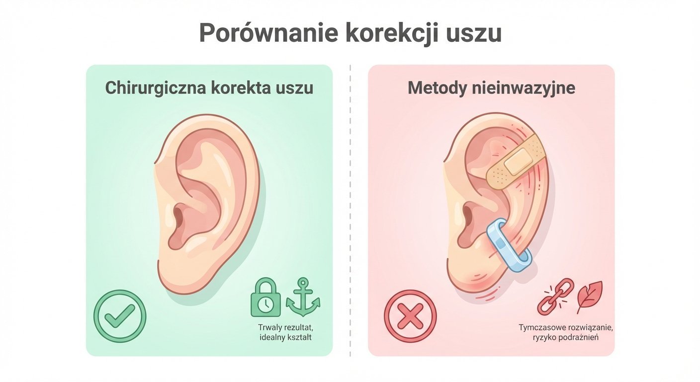 Porównanie chirurgicznej i nieinwazyjnej korekcji uszu, pokazujące zalety trwałej operacji i wady tymczasowych metod.