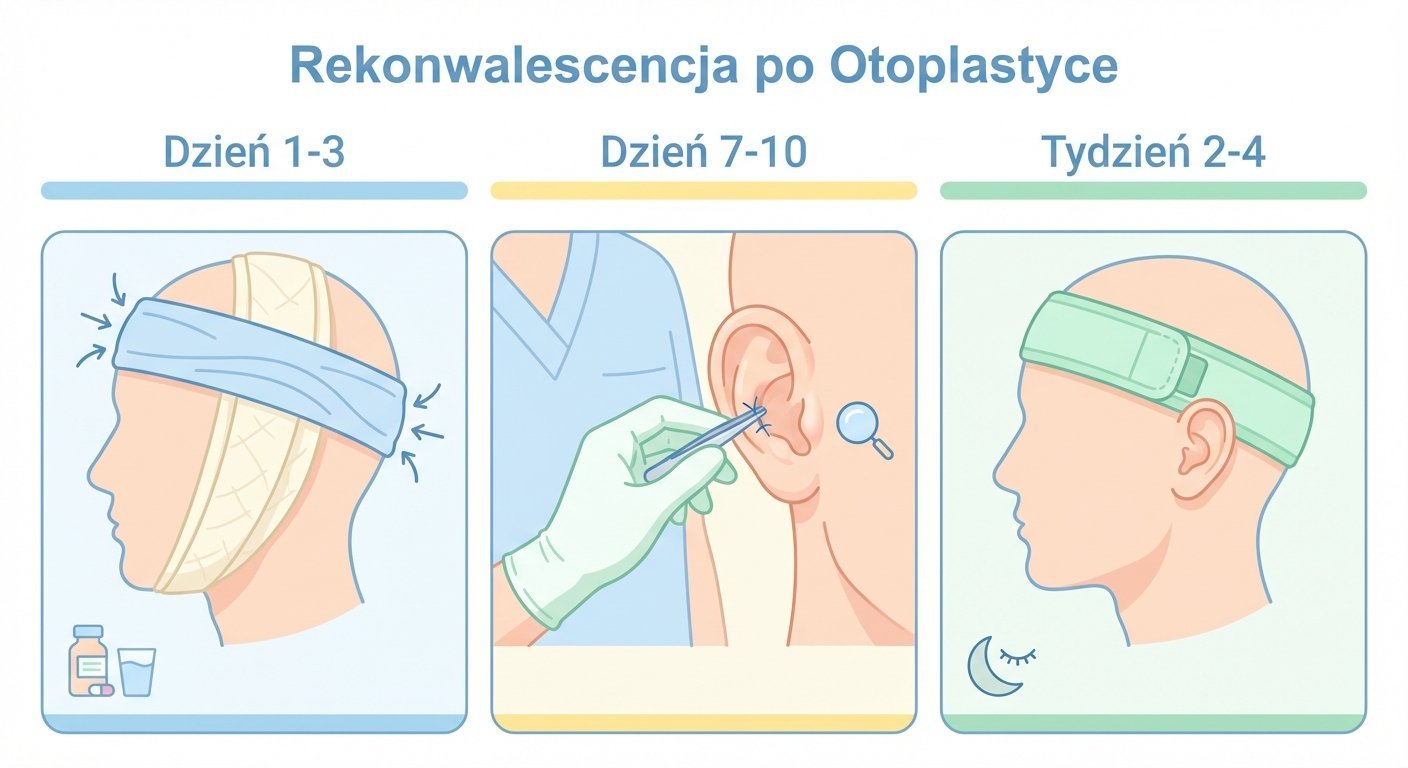 Ilustracja przedstawia etapy rekonwalescencji po otoplastyce: bandażowanie, usunięcie szwów i noszenie opaski.