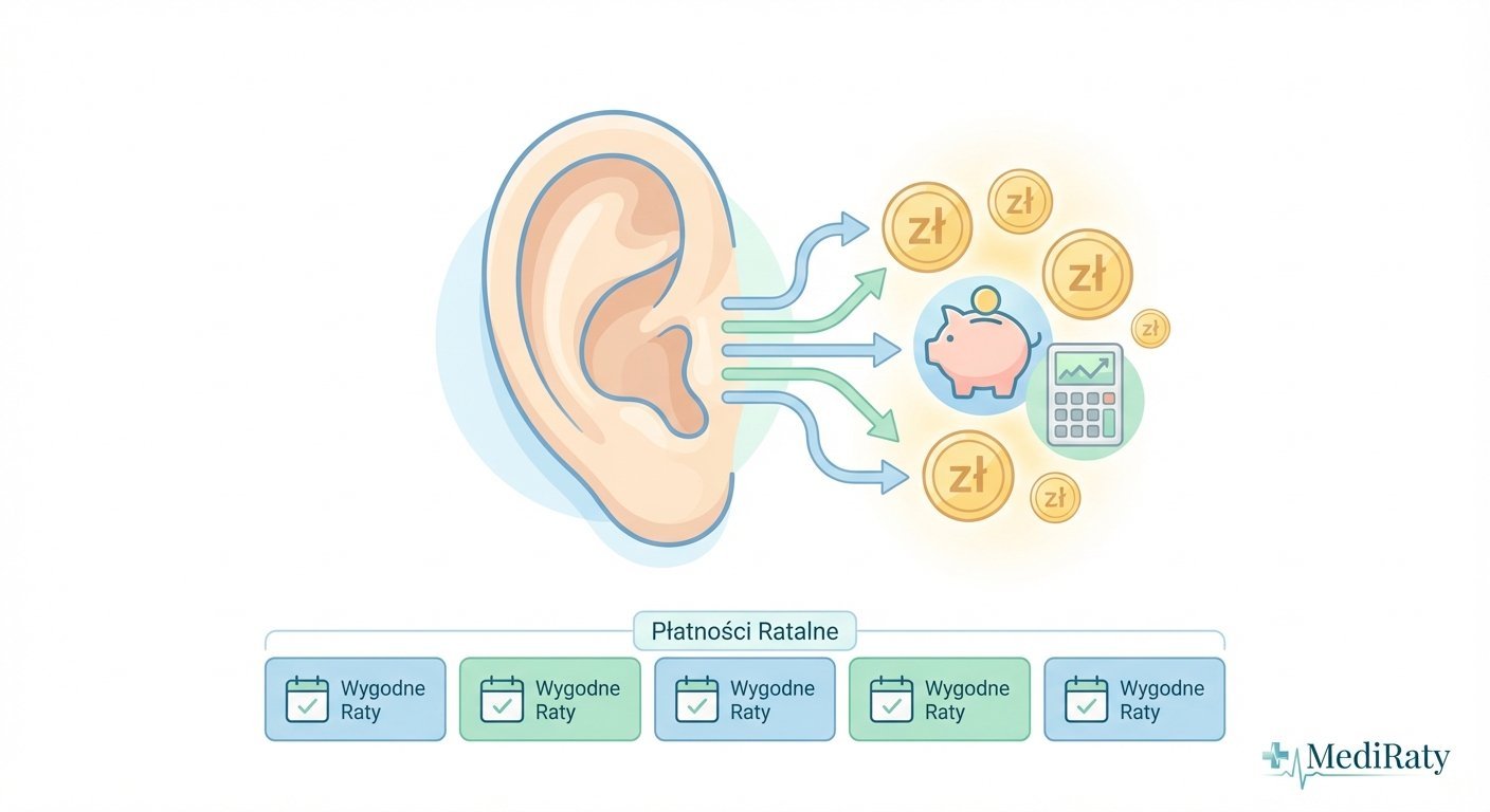 Grafika przedstawiająca ucho, z którego wychodzą strzałki do symboli pieniędzy i kalkulatora, podkreślając wygodne płatności ratalne.
