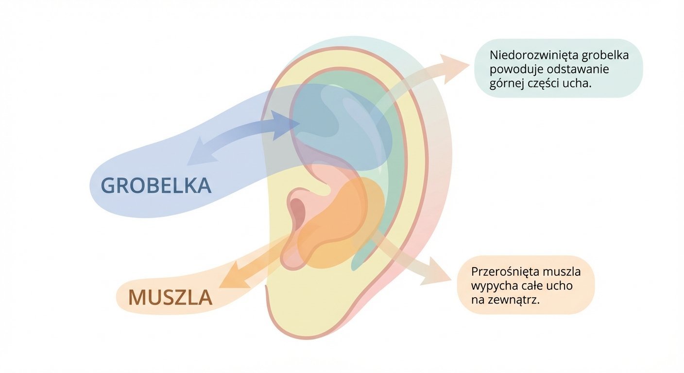 Diagram przedstawiający budowę ucha i przyczyny odstających uszu, takie jak niedorozwinięta grobelka i przerośnięta muszla.