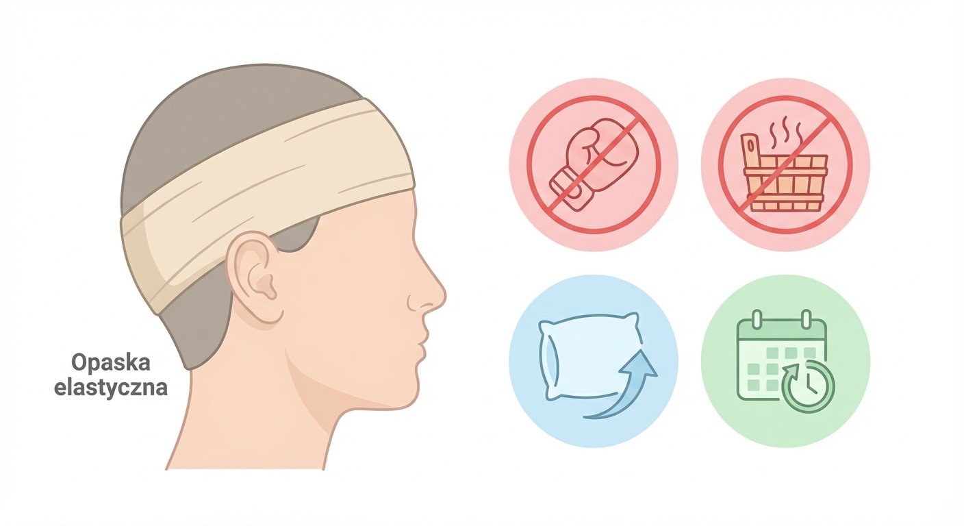Instrukcje po korekcji uszu: elastyczna opaska, unikanie wysiłku i sauny, spanie z uniesioną głową, kontrola medyczna.