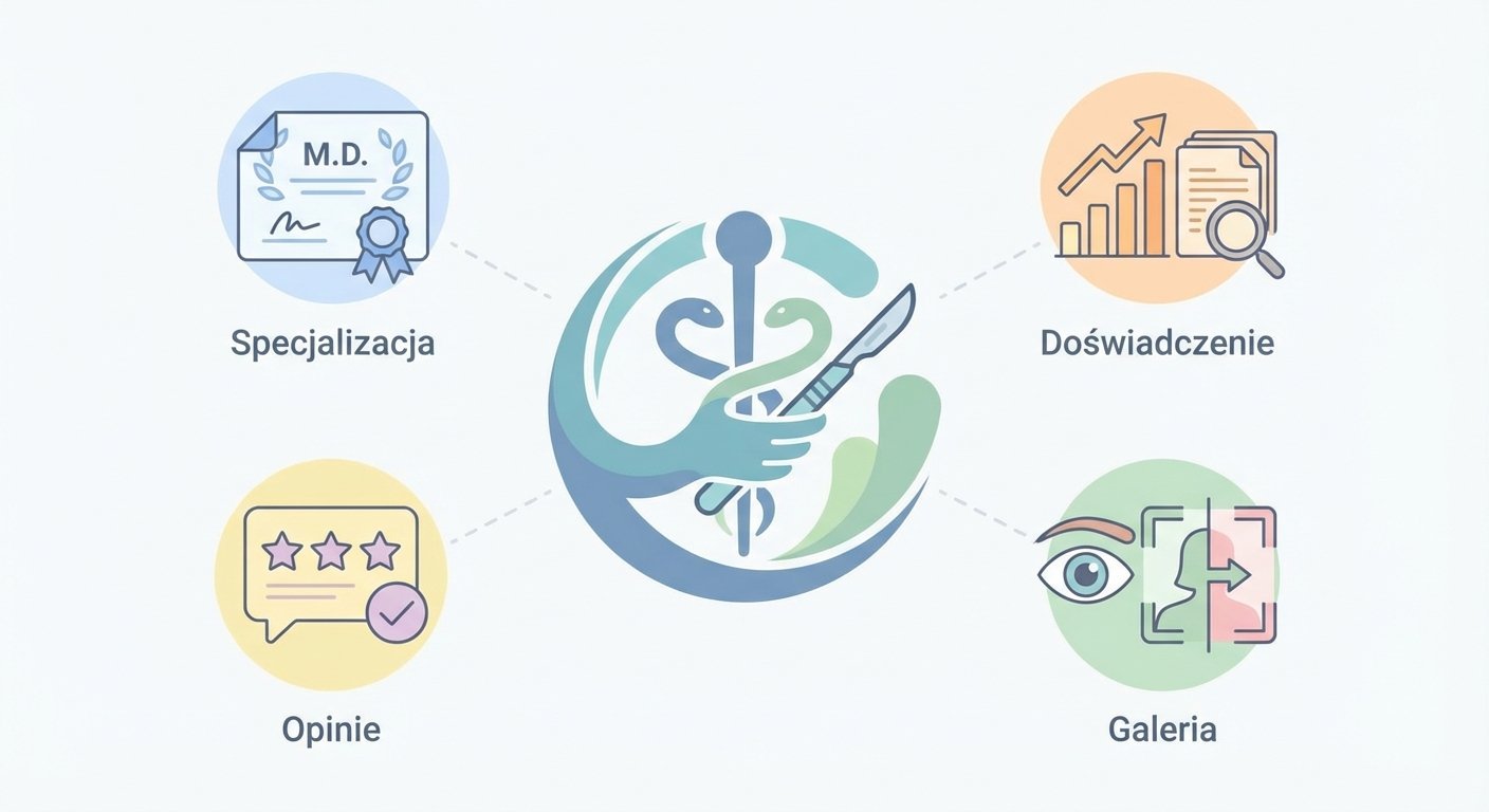 Grafika z ikonami: specjalizacja, doświadczenie, opinie, galeria. Centralny symbol medyczny ze skalpelem.