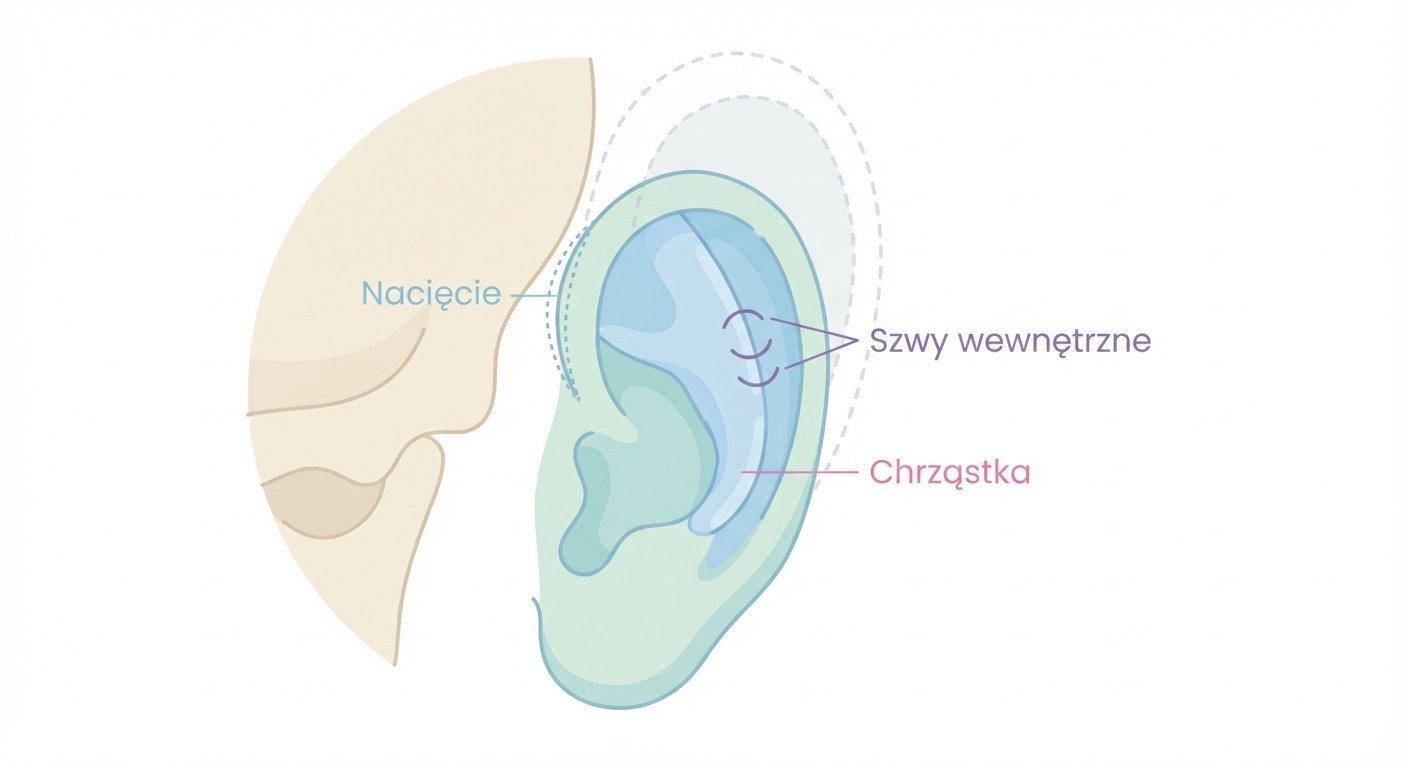 Schemat korekcji odstających uszu, przedstawiający nacięcie, wewnętrzne szwy oraz chrząstkę ucha.