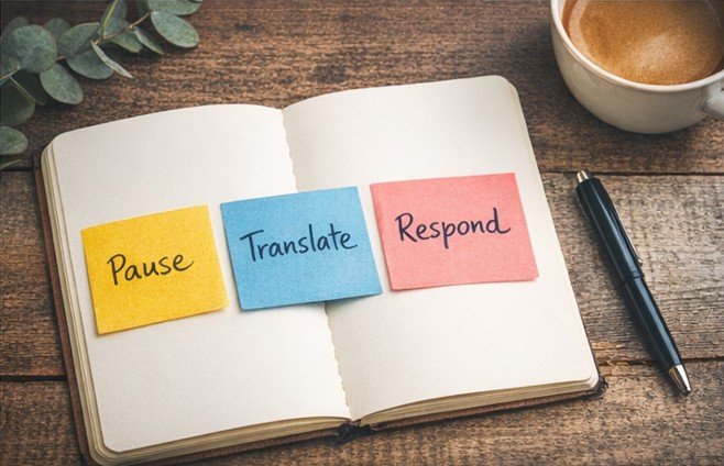 Three sticky notes on a notebook displaying 'Pause,' 'Translate,' and 'Respond' on a wooden desk.