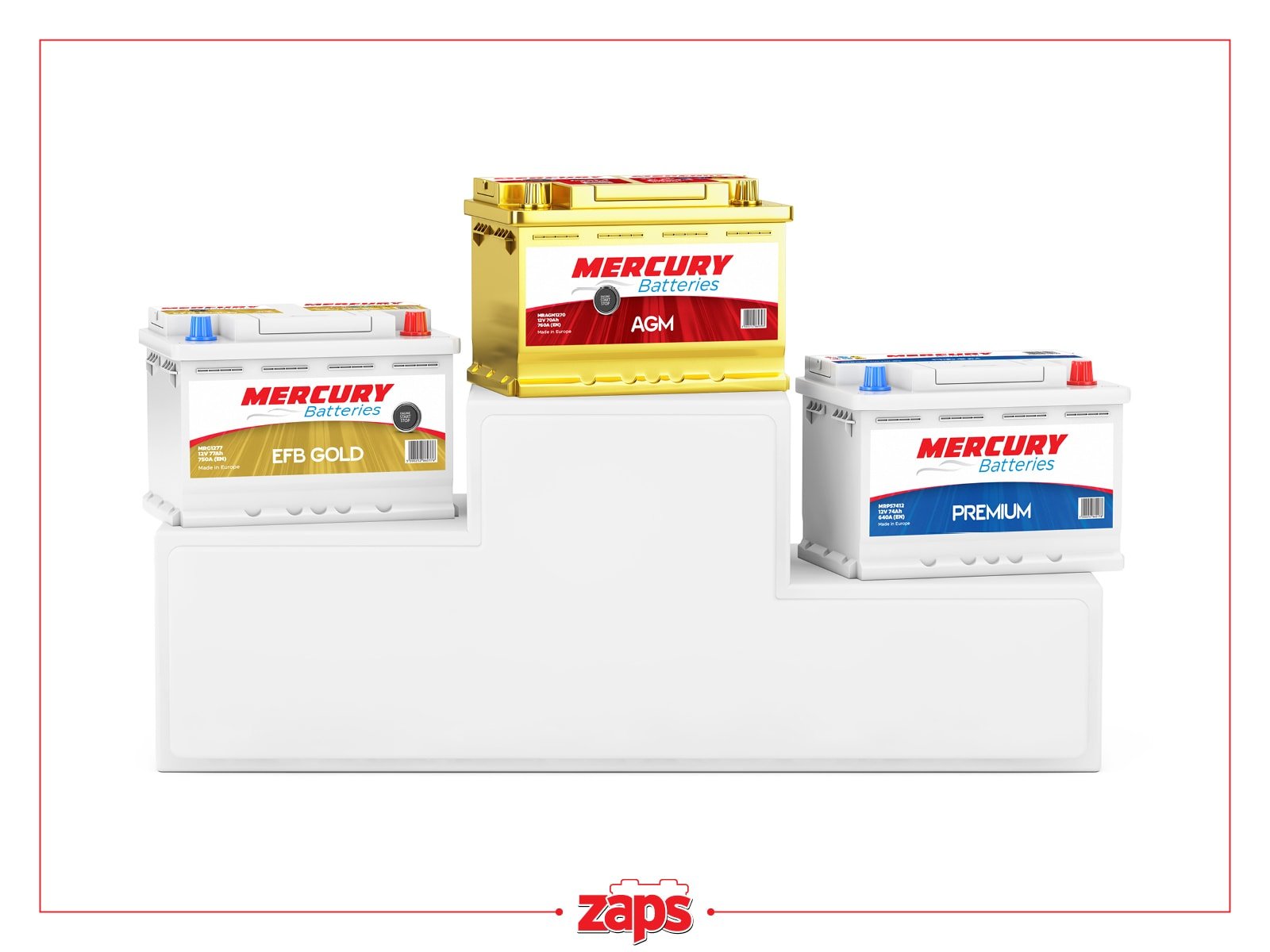 Τρεις μπαταρίες αυτοκινήτου Mercury Batteries (EFB Gold, AGM, Premium) σε λευκή βάση προβολής.