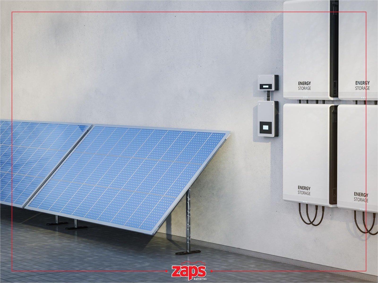 Φωτοβολταϊκά πάνελ και μονάδες αποθήκευσης ενέργειας σε γκρι τοίχο, δείχνοντας λύσεις ανανεώσιμων πηγών.