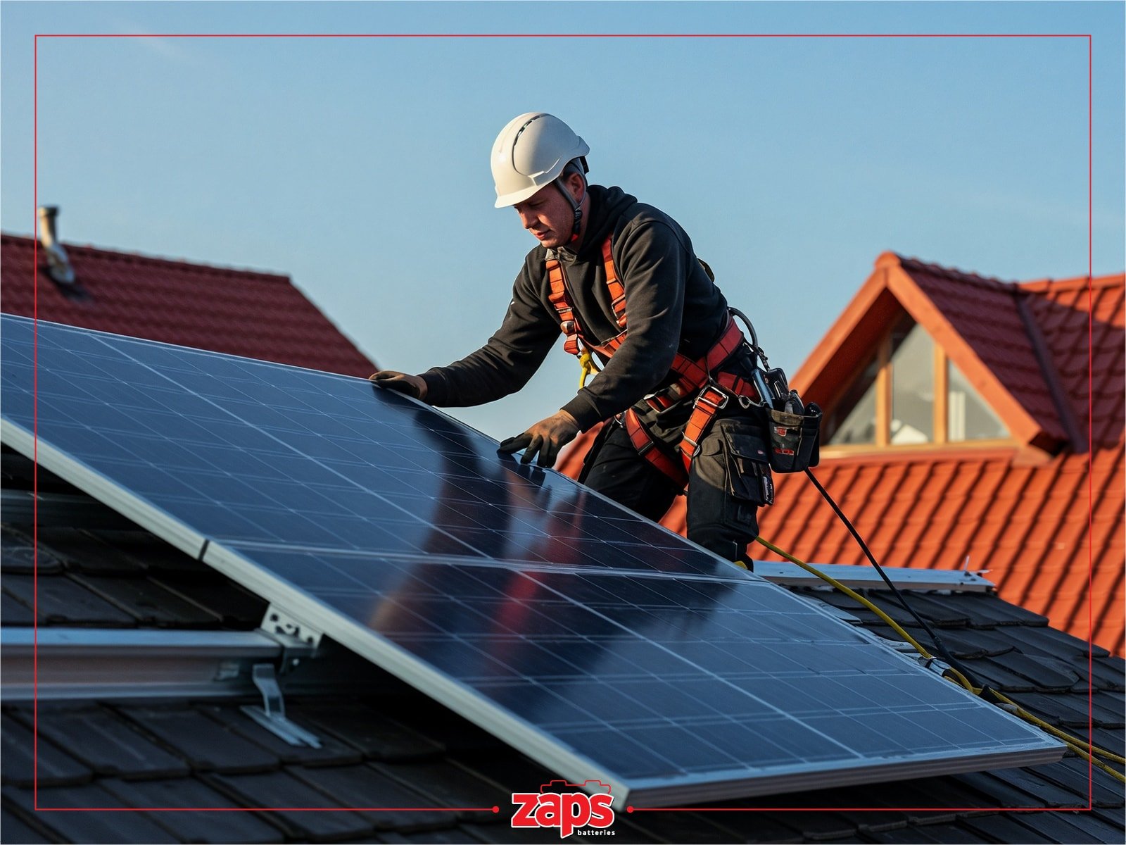 Ένας εργάτης με κράνος και ζώνη ασφαλείας τοποθετεί ηλιακούς συλλέκτες σε στέγη σπιτιού.