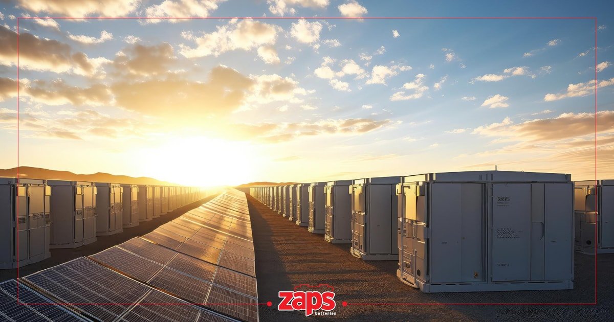 Ηλιακοί συλλέκτες και σειρά μονάδων αποθήκευσης ενέργειας κάτω από ένα εκπληκτικό ηλιοβασίλεμα.