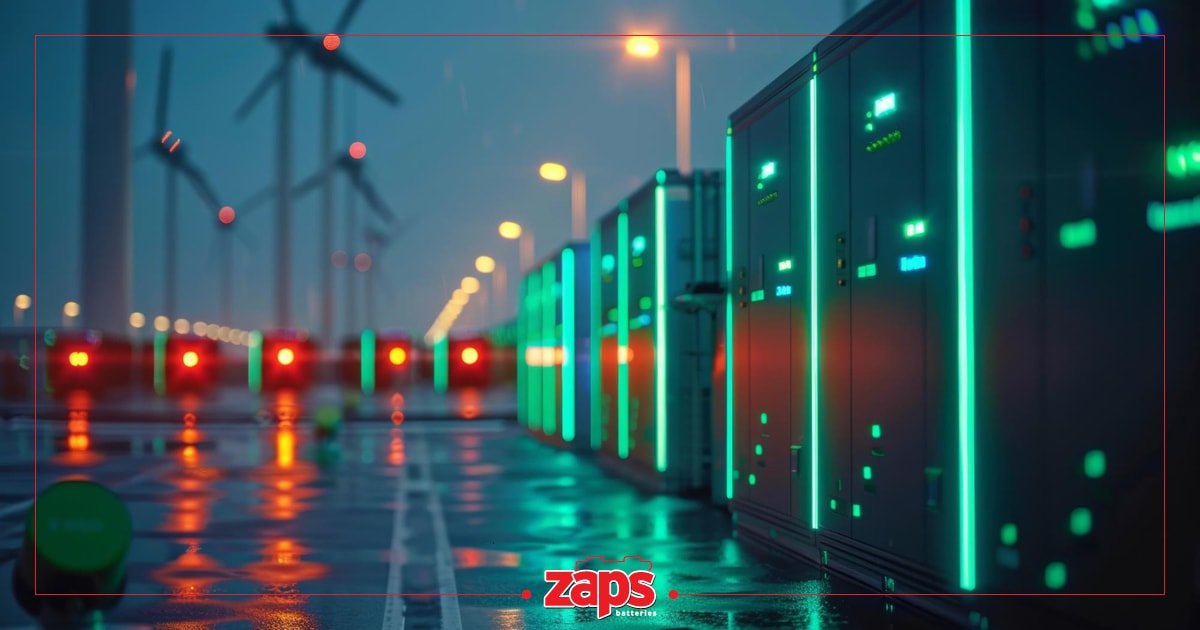 Εικόνα με βιομηχανικές μονάδες αποθήκευσης ενέργειας με πράσινα φώτα, ανεμογεννήτριες και υγρό έδαφος.