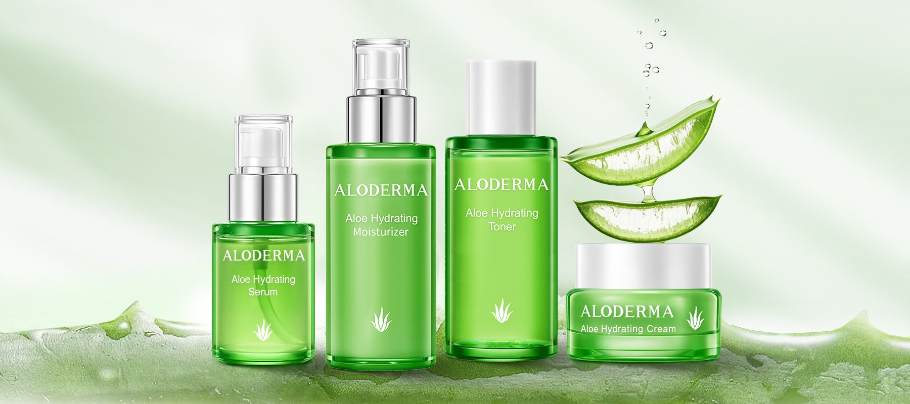 Four ALODERMA green aloe vera skincare products: serum, moisturizer, toner, and cream, with aloe leaves.