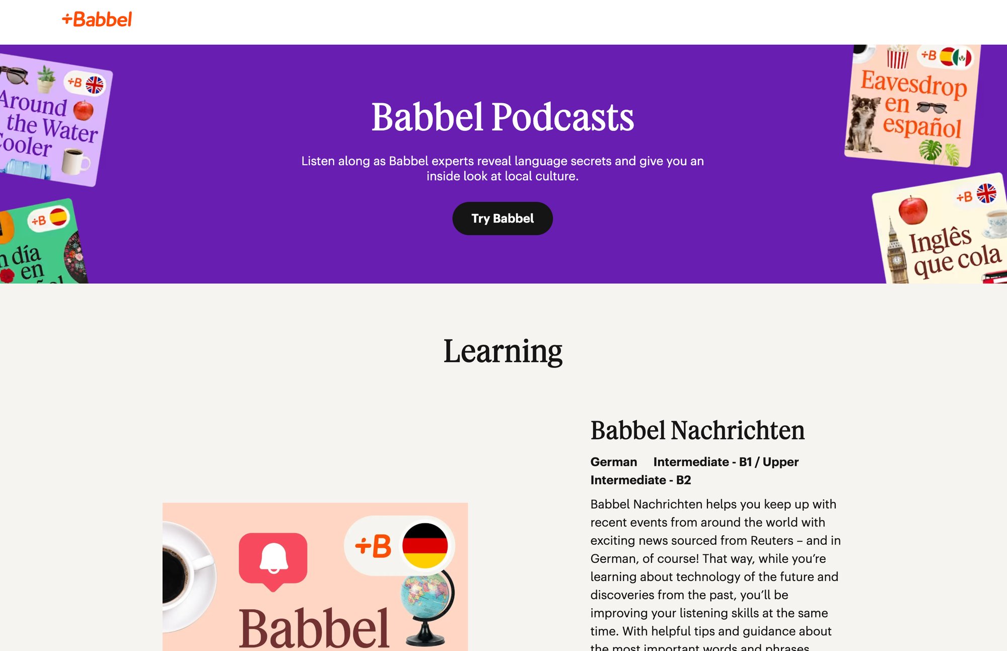 Babbel website showcasing podcasts and learning sections with various podcast covers and content descriptions.
