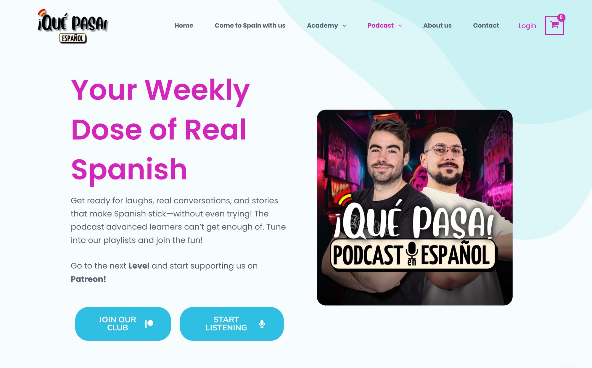 A webpage promoting the '¡Qué Pasa! Español' podcast, featuring two men, text, and calls to action.