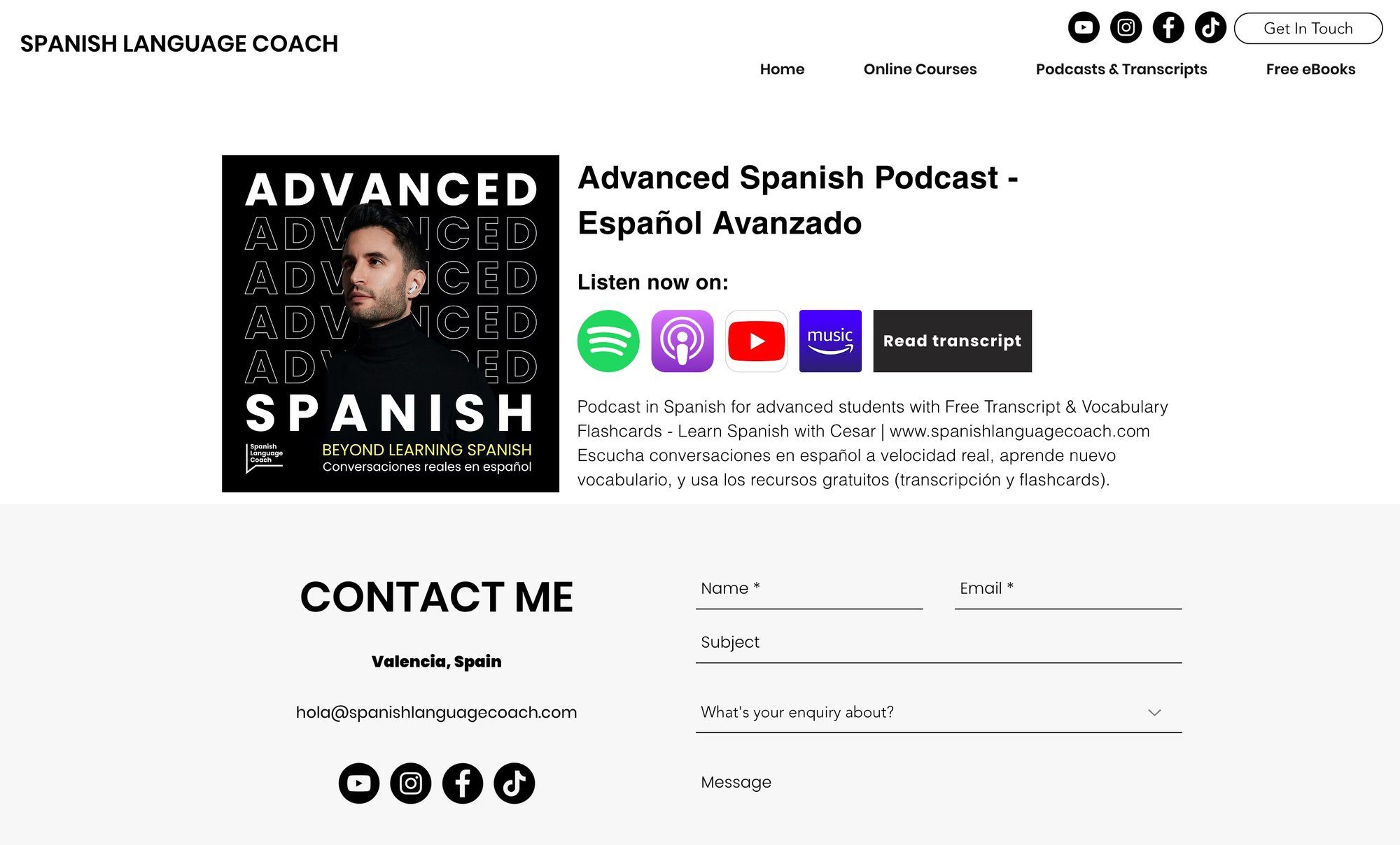 A webpage for Spanish Language Coach featuring an advanced Spanish podcast, listening options, and a contact form.
