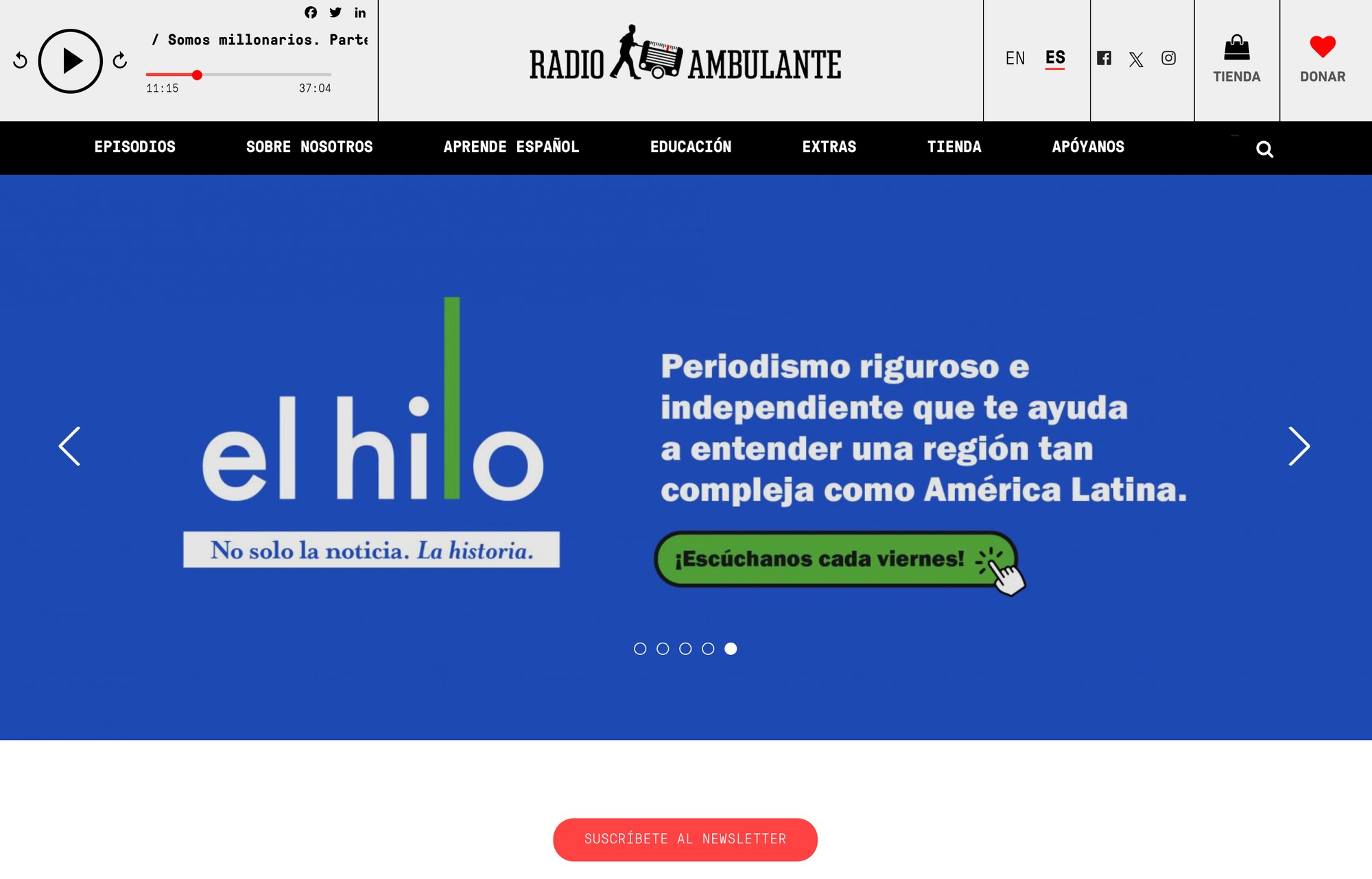 Radio Ambulante's website homepage featuring a podcast player, navigation menu, and a banner for 'el hilo' podcast.