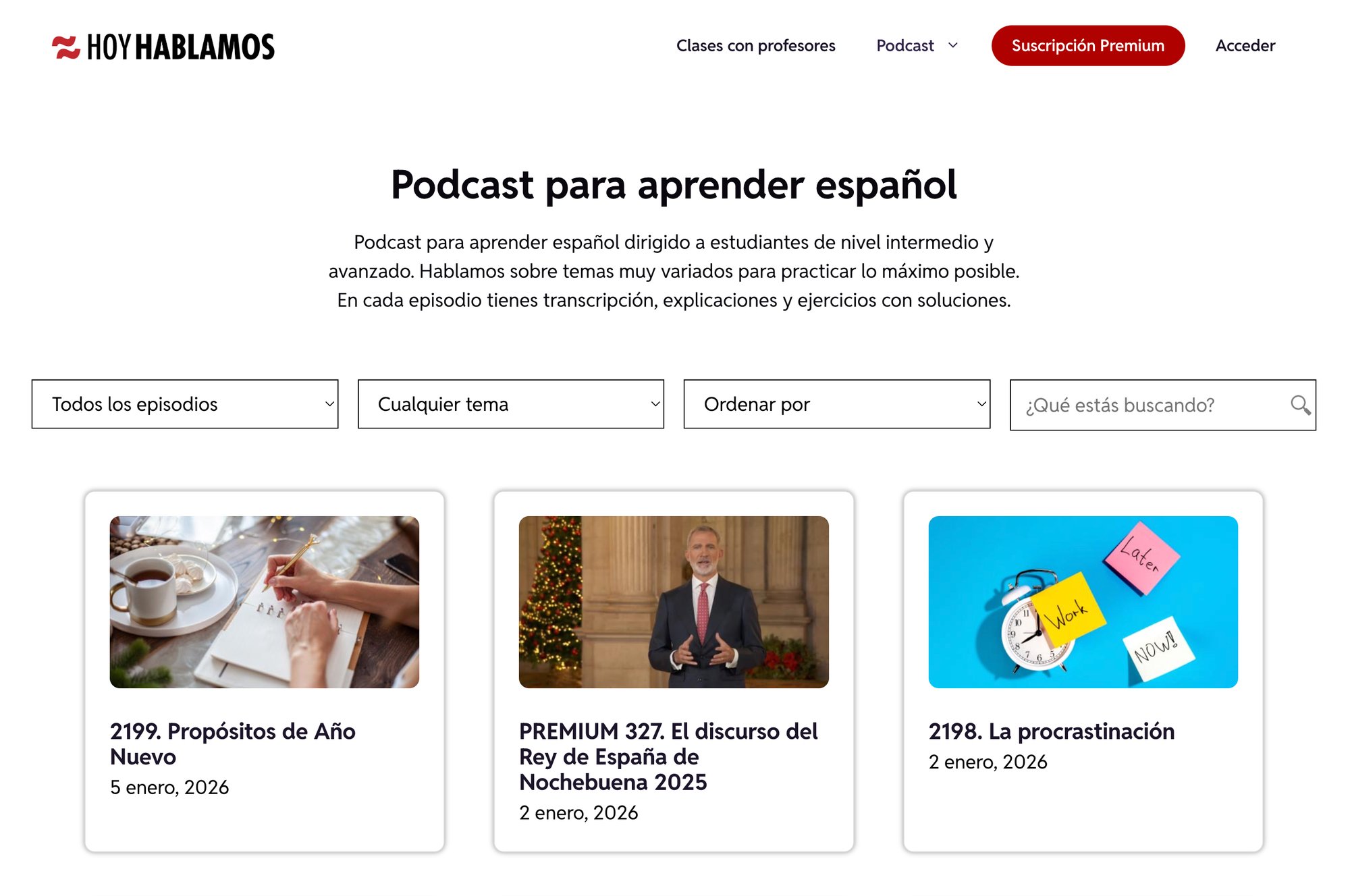 A Spanish language learning podcast website showing recent episodes with images, titles, and dates.