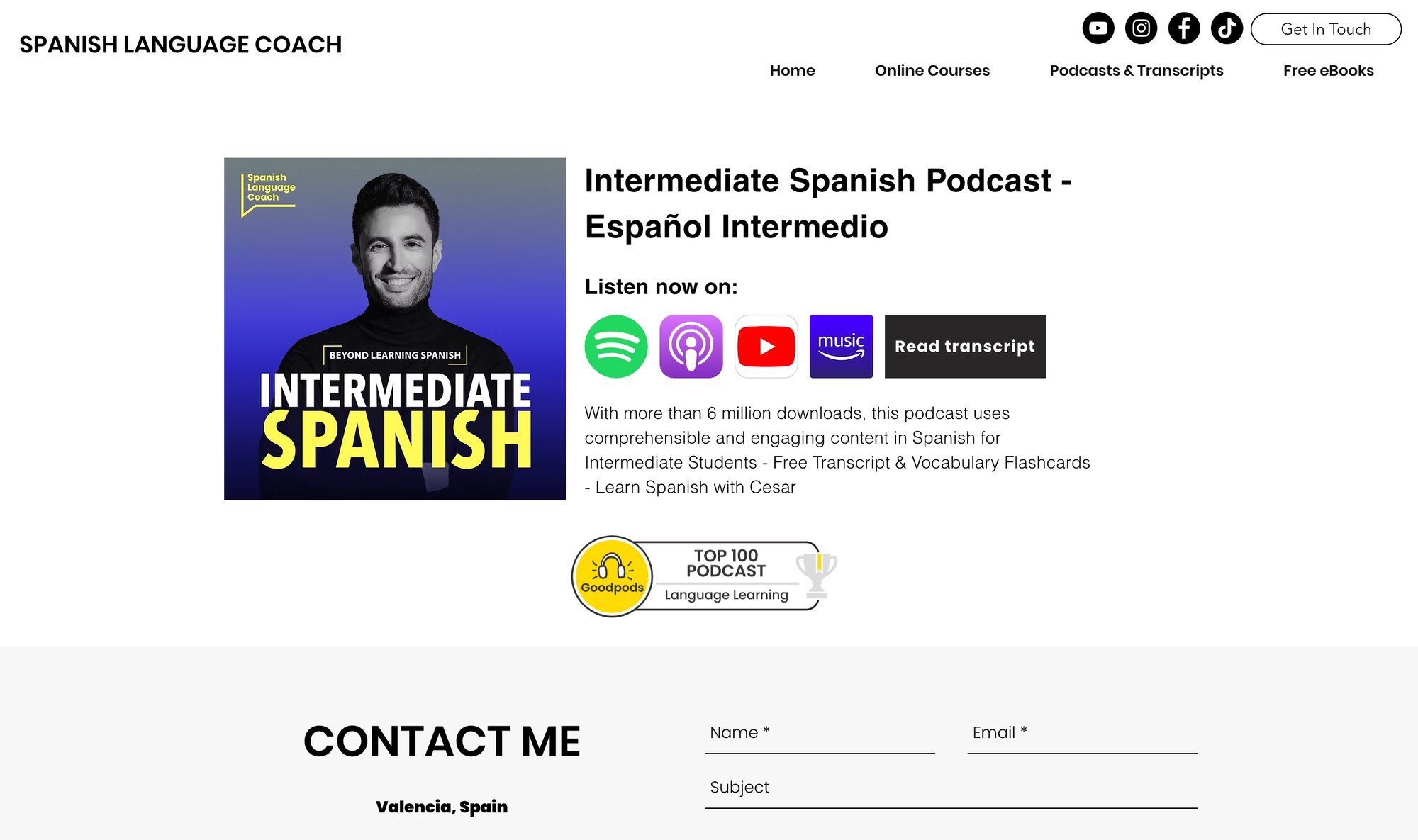 A website for Spanish Language Coach featuring an Intermediate Spanish podcast with a smiling man, links to streaming platforms, and a contact form.