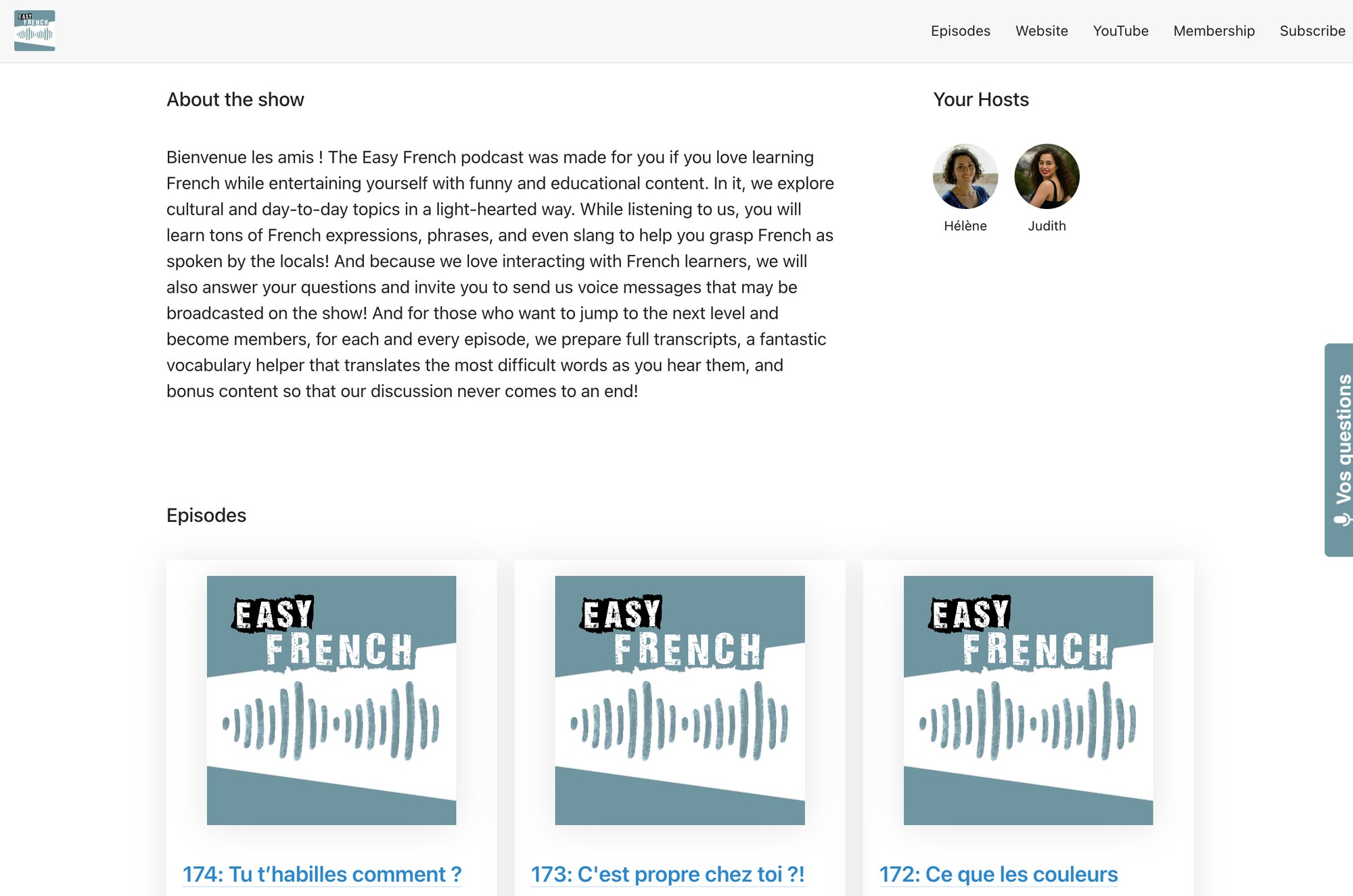 A webpage for Easy French podcast showing an 'About the show' section, hosts Hélène and Judith, and three recent podcast episodes.