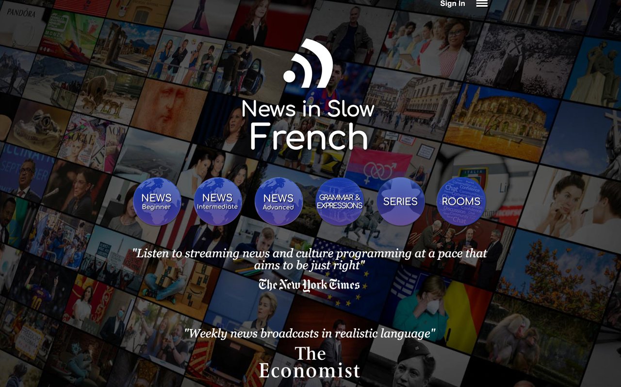 News in Slow French website homepage, presenting options for beginner to advanced news, grammar, series, and live rooms.