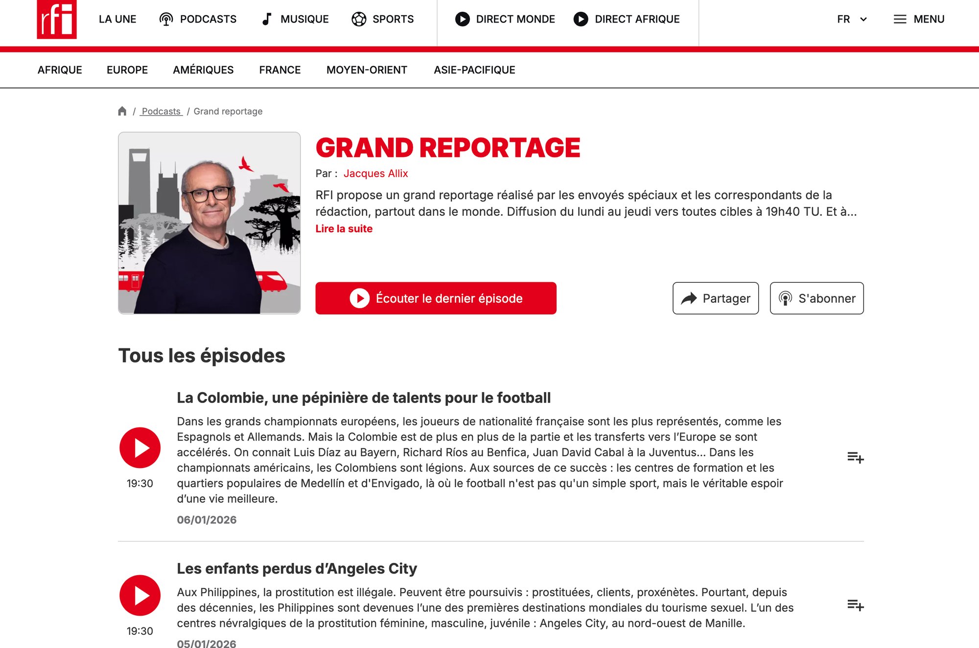 Webpage displaying the RFI Grand Reportage podcast, showing the host and episode listings like 'La Colombie'.