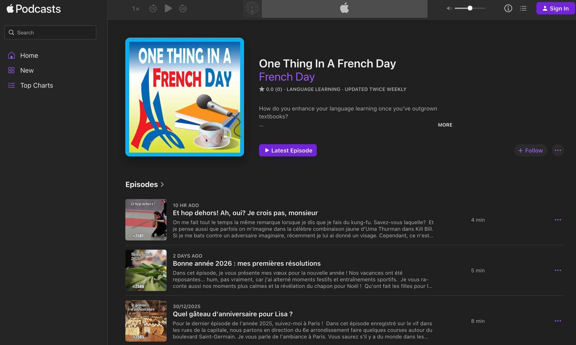 Apple Podcasts app interface displaying the 'One Thing In A French Day' podcast details and recent episodes.