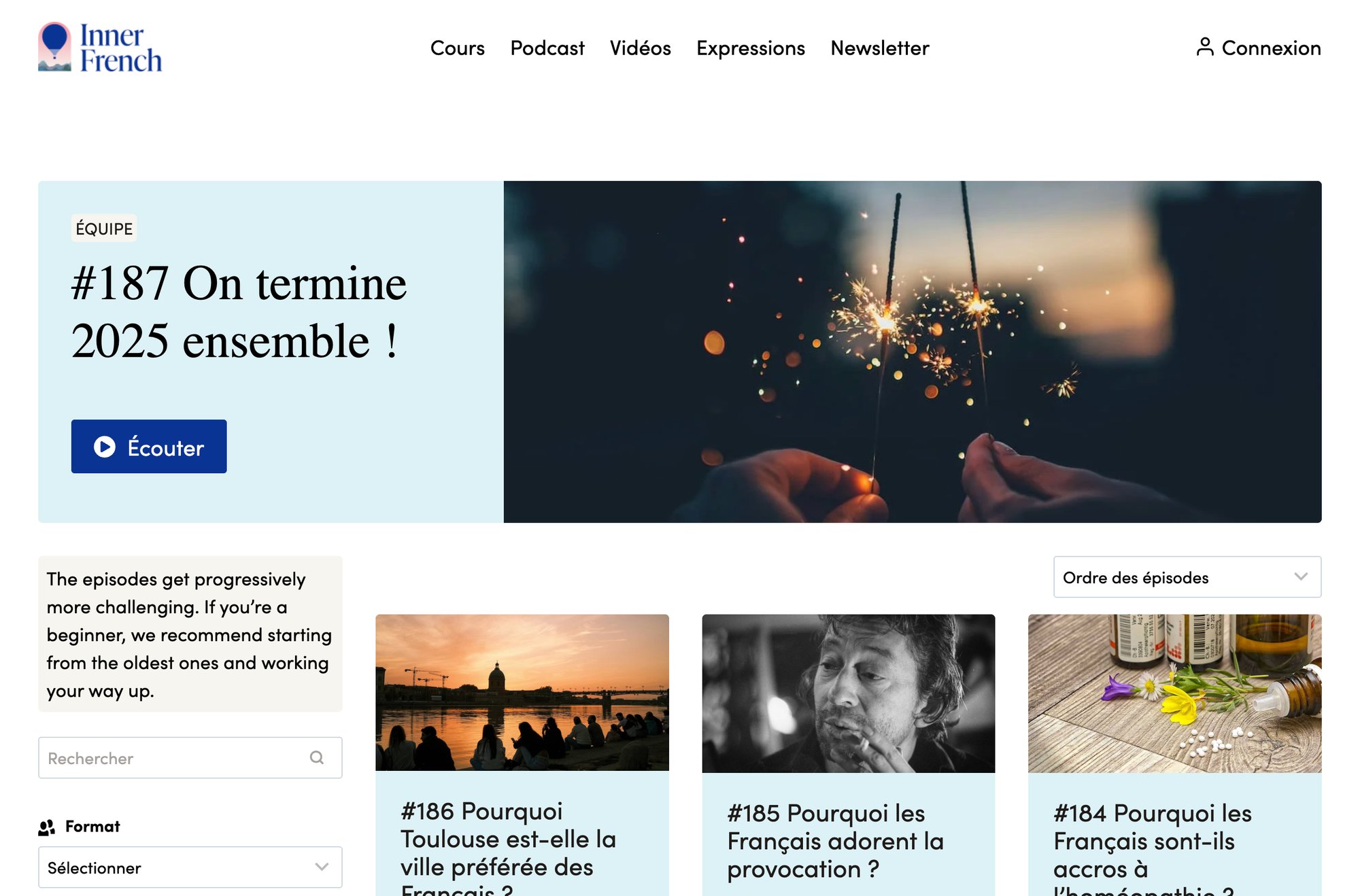 Website homepage for Inner French, featuring podcast episodes, a search bar, and episode order options.