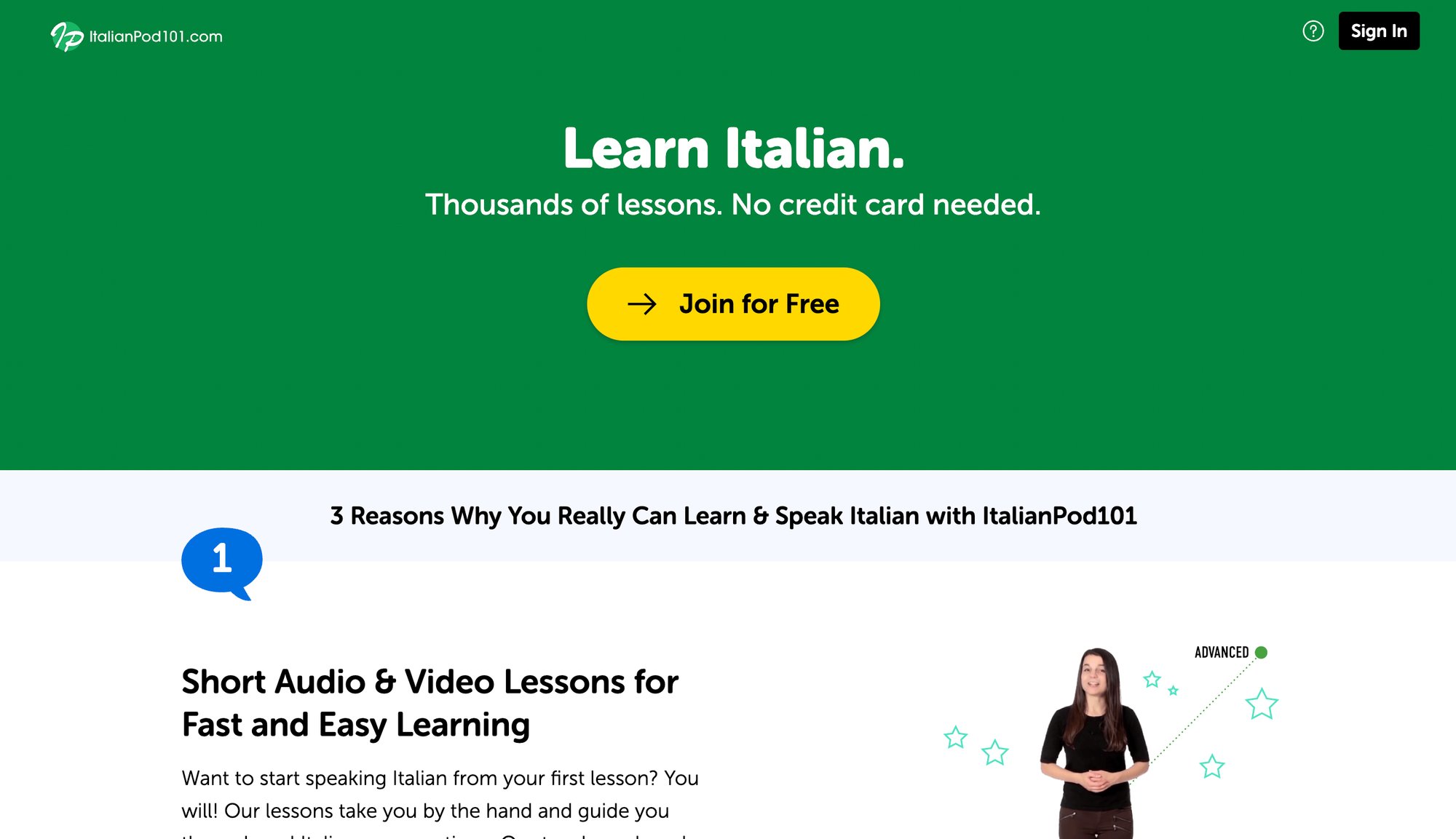 A landing page for ItalianPod101.com, promoting Italian language learning with free lessons.