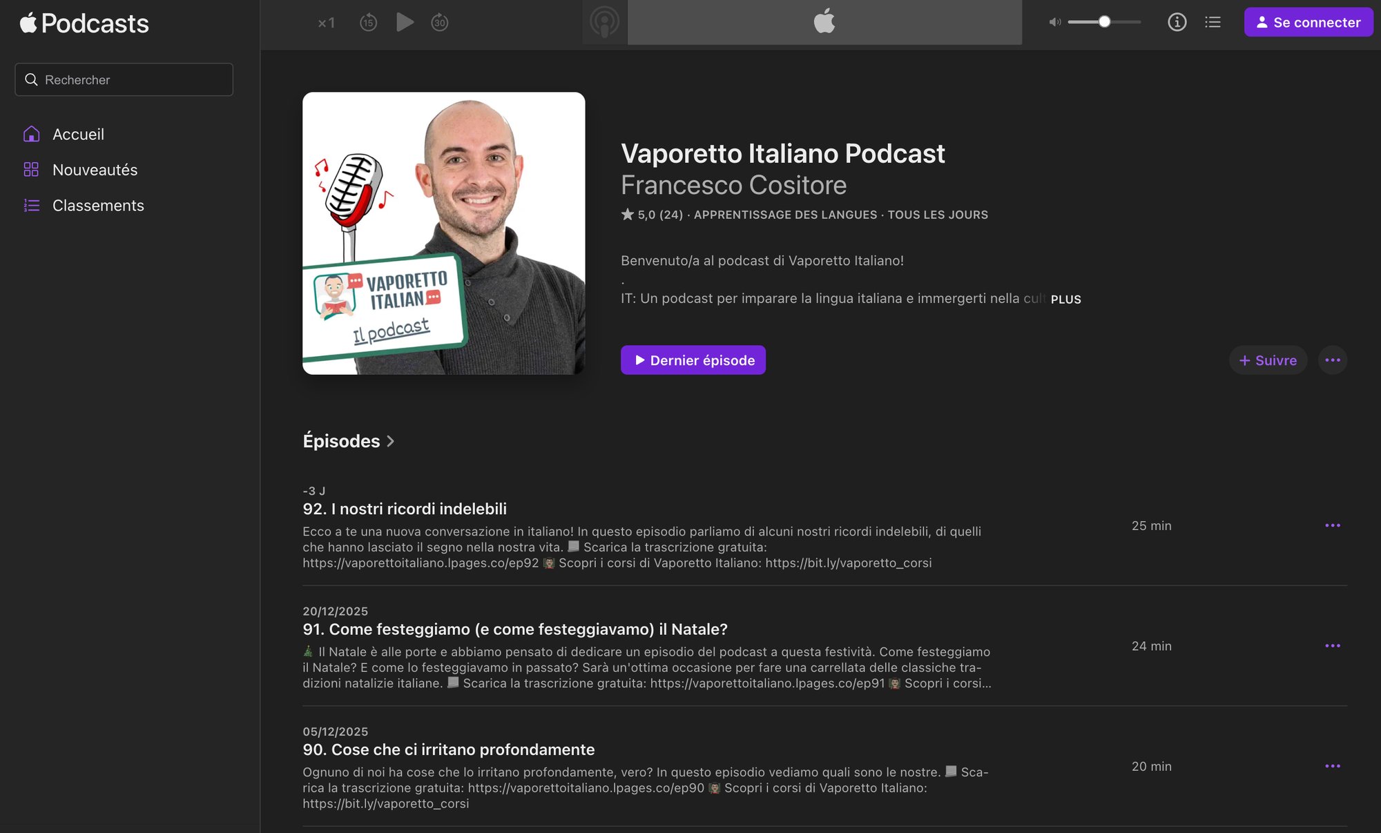 Apple Podcasts app displaying the Vaporetto Italiano Podcast, showing episodes, details, and navigation.