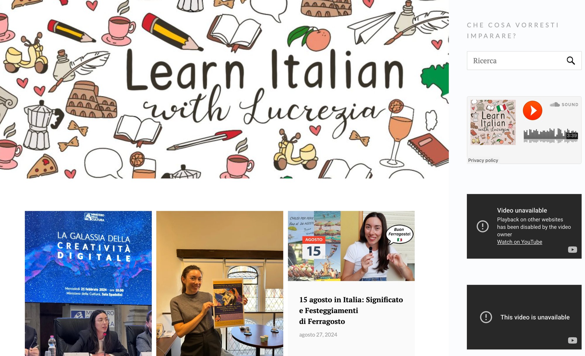 A webpage showcasing 'Learn Italian with Lucrezia' banner, Italian cultural doodles, articles, a podcast player, and unavailable videos.