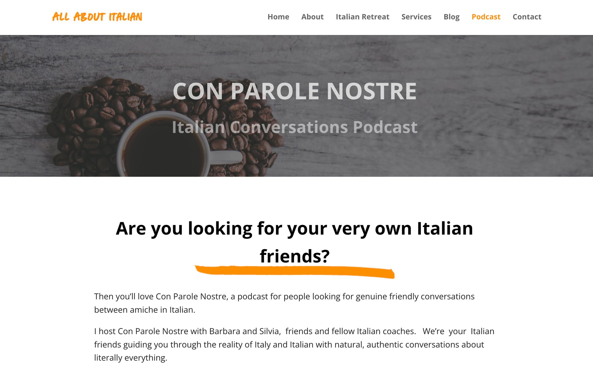 A website screenshot promoting 'Con Parole Nostre', an Italian conversations podcast, featuring coffee beans and a cup.