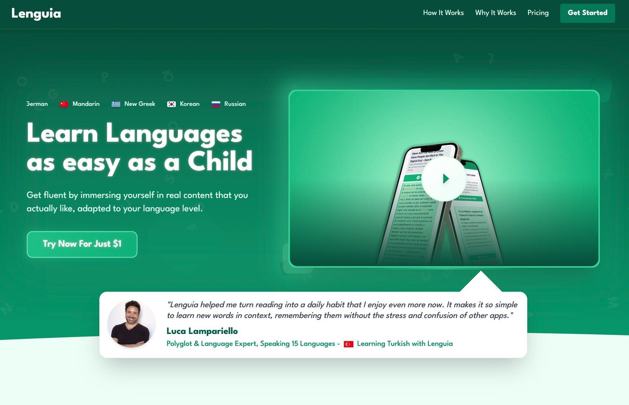 A website promoting Lenguia, a language learning app, with phone screens showing content and a user testimonial.