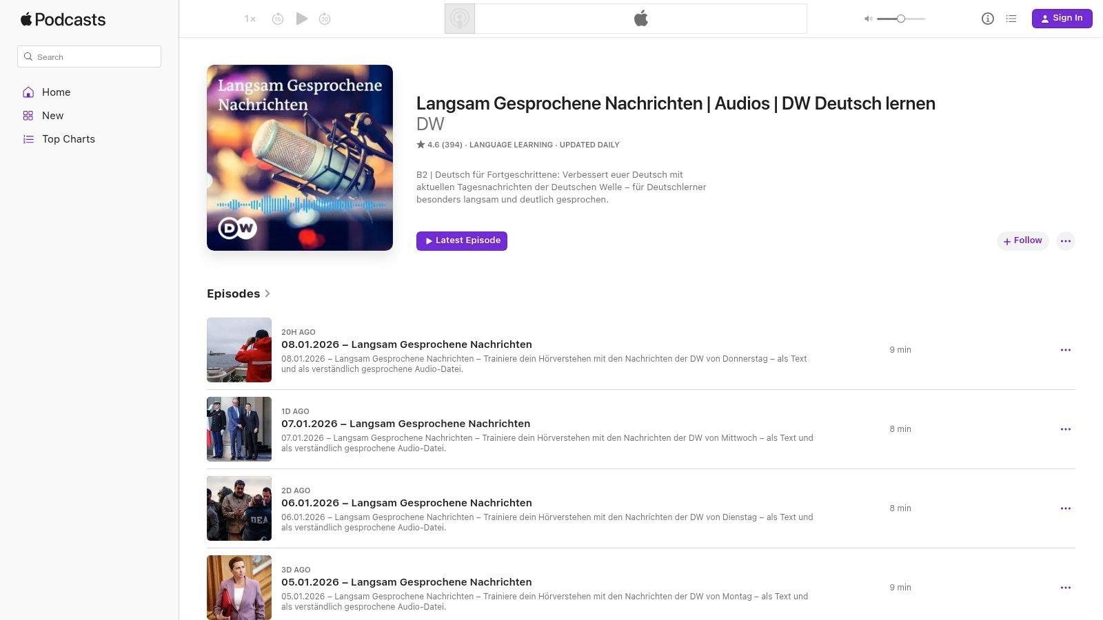 Apple Podcasts page for 'Langsam Gesprochene Nachrichten,' a German language learning podcast with episode listings.