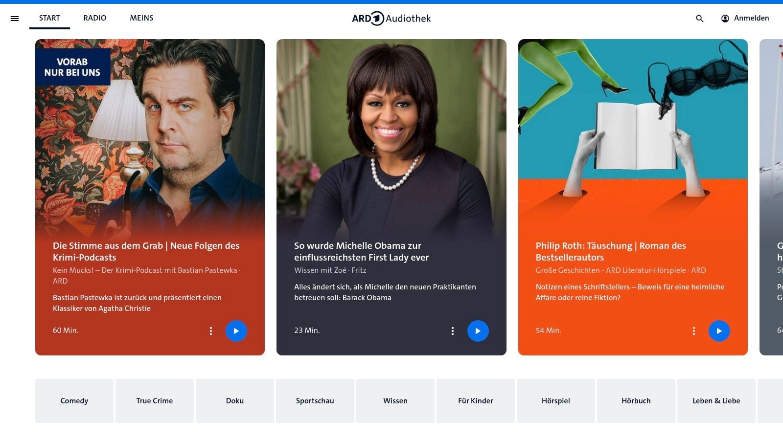 ARD Audiothek website displaying three audio content cards, featuring a man, Michelle Obama, and a book.