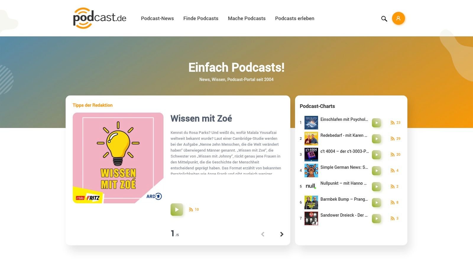 A website screenshot of podcast.de featuring 'Wissen mit Zoé' and a 'Podcast-Charts' section listing popular German podcasts.