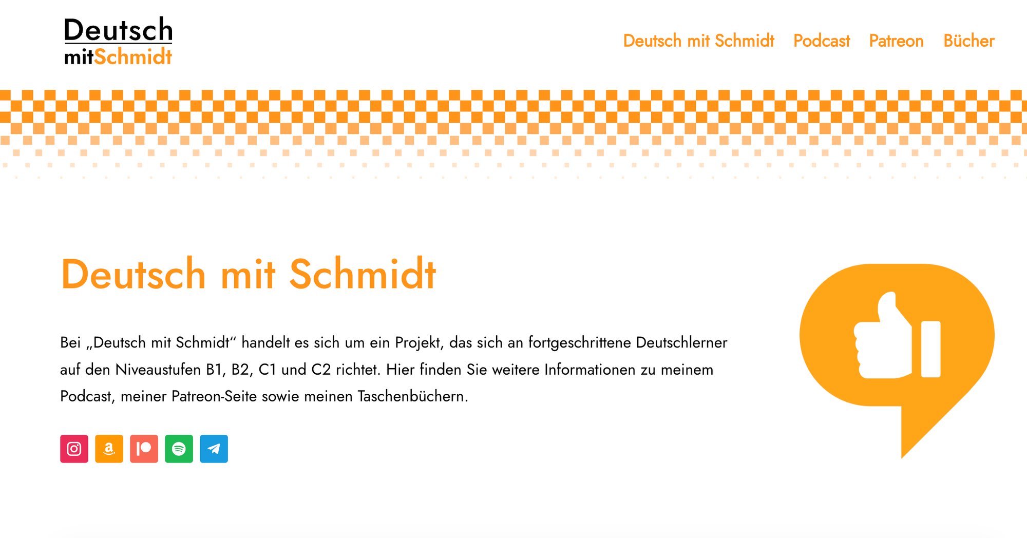 Website for Deutsch mit Schmidt offering podcasts and books for advanced German language learners.