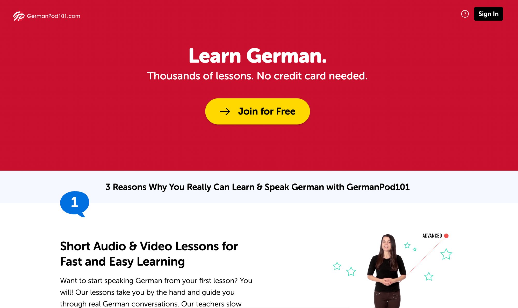 A screenshot of the GermanPod101.com website, advertising German language learning with lessons and a free join offer.