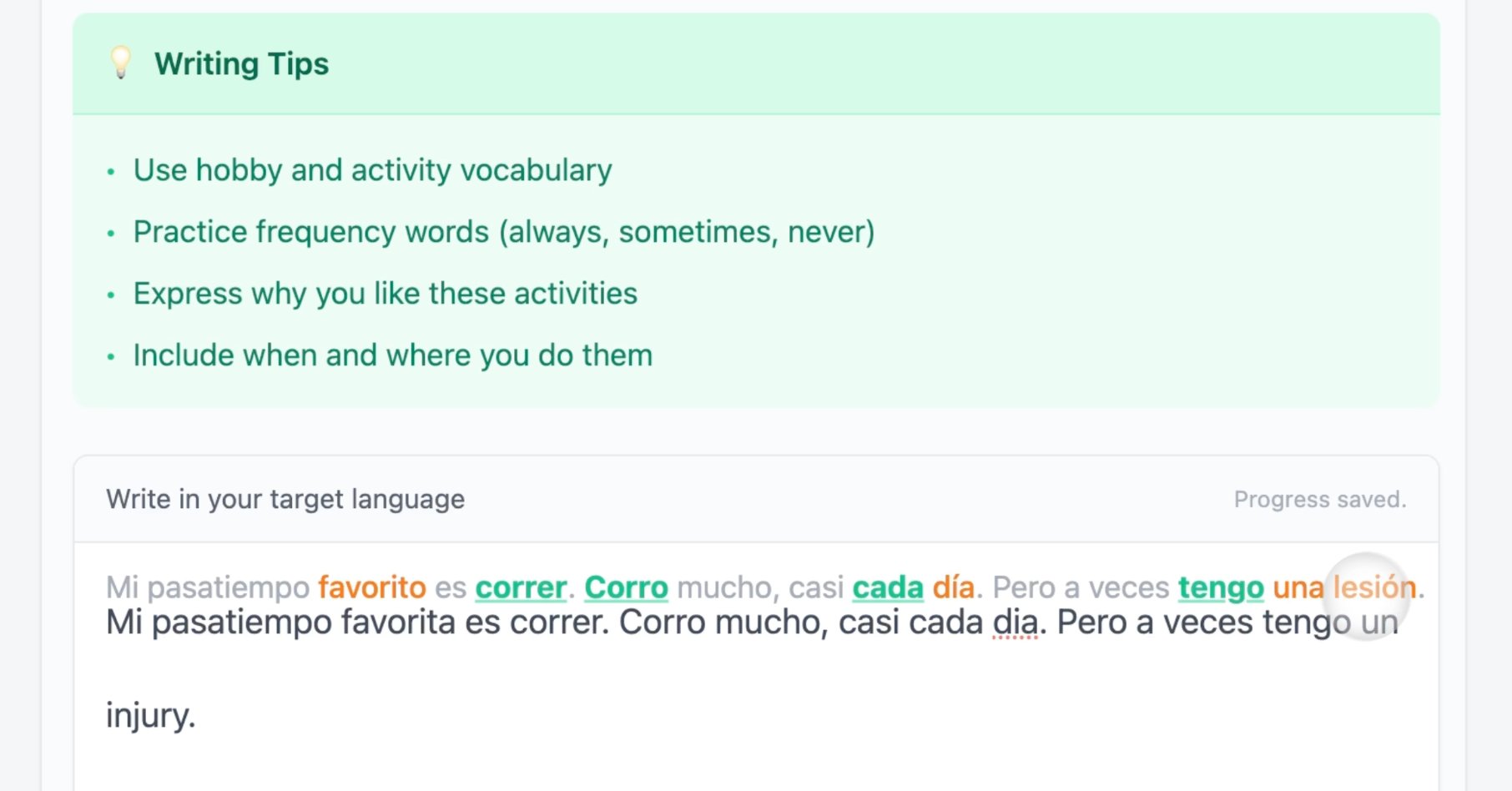 A language learning interface shows writing tips and a Spanish text input field with highlighted words.