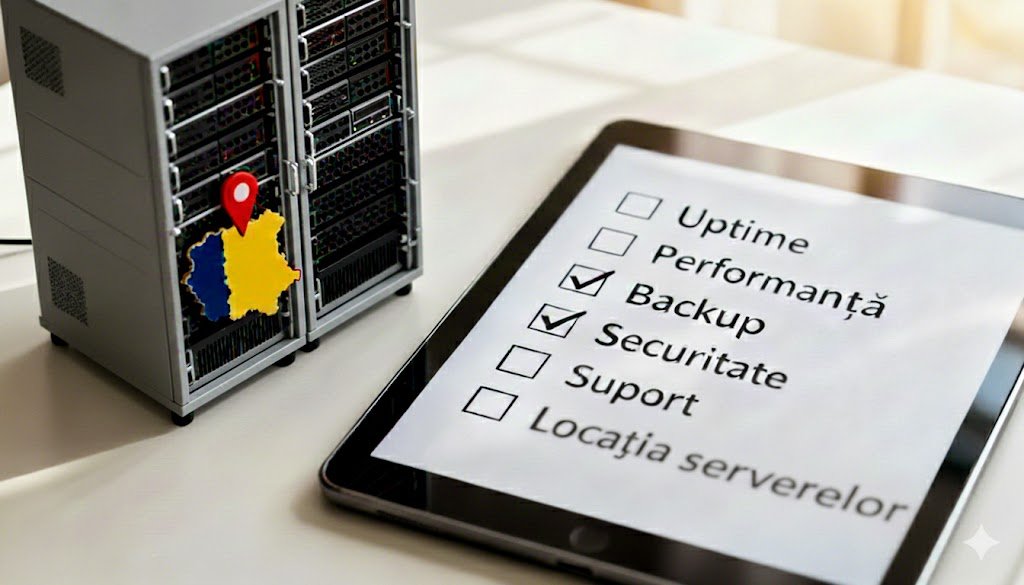 Tabletă afișând lista de verificare pentru găzduire web lângă servere de date miniaturale