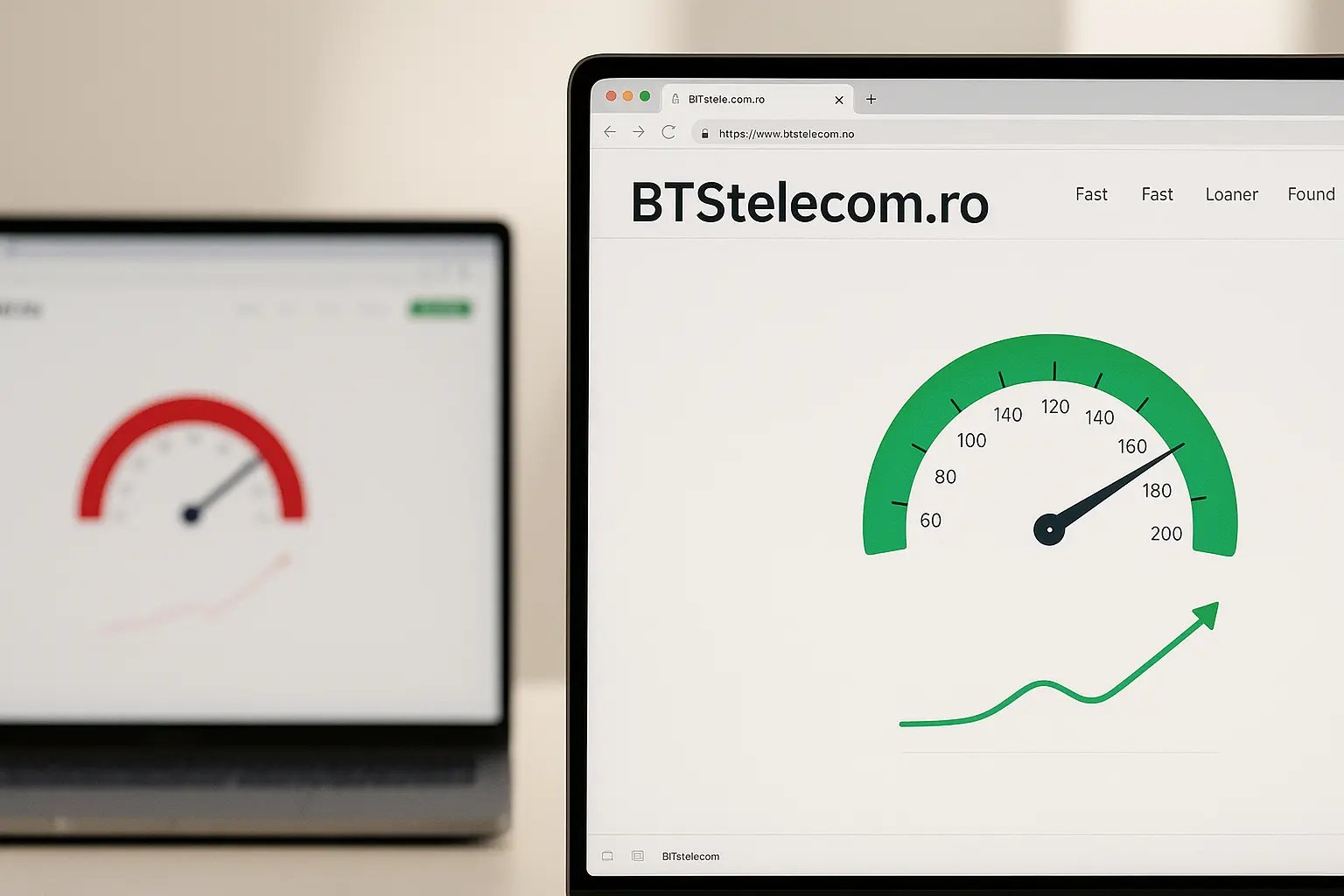 Ecran laptop afișând test de viteză internet BTSTelecom.ro cu indicator verde arătând performanță îmbunătățită