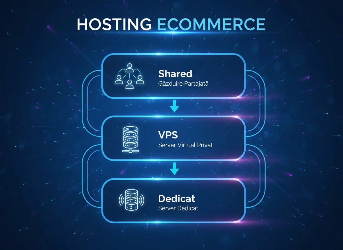 Diagramă cu tipuri de găzduire eCommerce: Shared, VPS și Dedicat, explicând opțiunile de server.