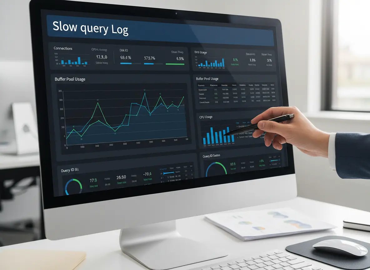Firmă de hosting în București - Servicii Profesionale de Găzduire - BTS Telecom | Ghid tehnic de MySQL optimizare pentru viteză maximă O mână indică un ecran de monitor cu un dashboard de loguri SQL, diagrame de performanță și grafice de utilizare a resurselor.