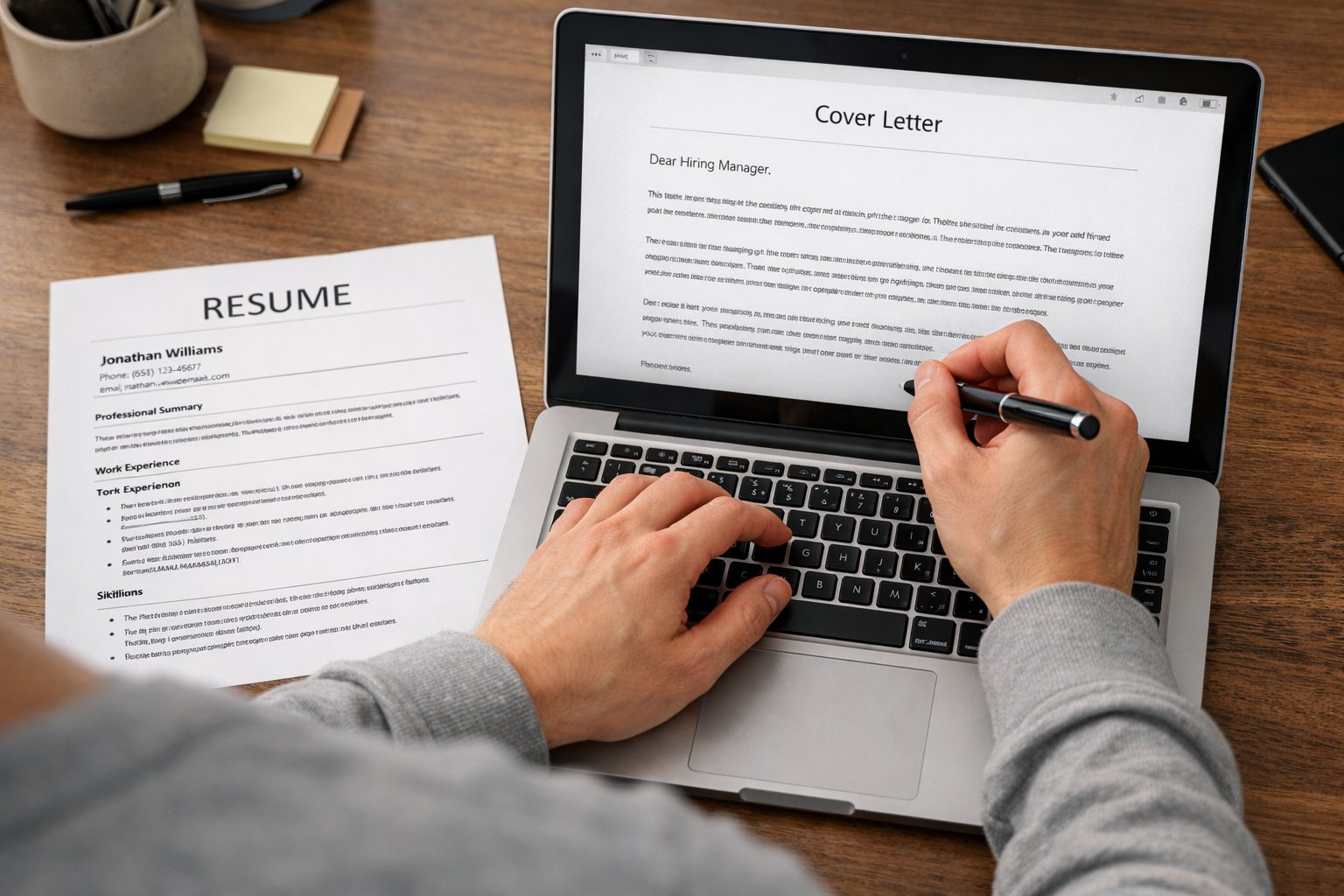Close-up of a person typing a cover letter on a laptop, with an Australian flag nearby on a white desk. How to Write a Good Cover Letter.